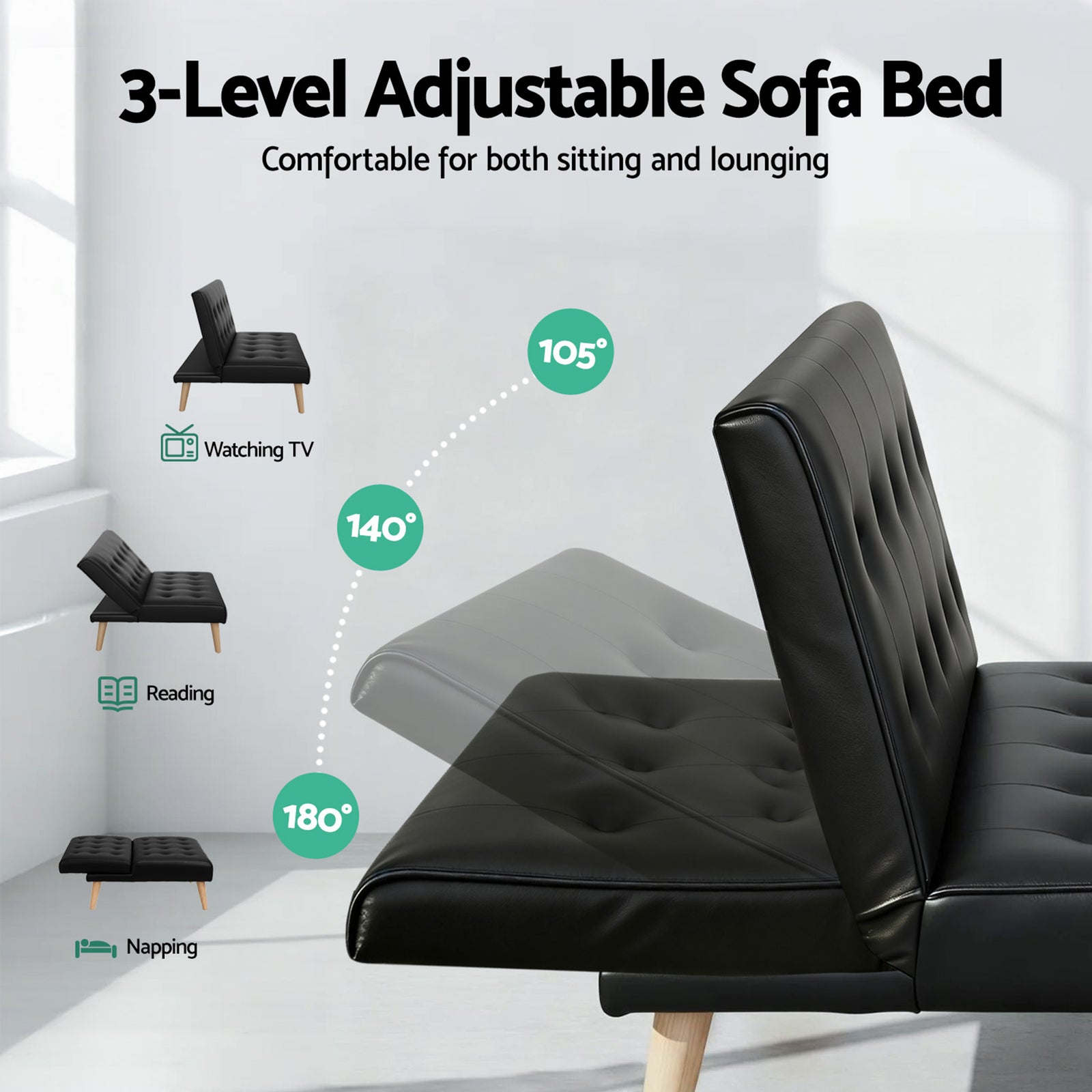 Sofa Bed Couch 2 Seater Lounge Fabric Black