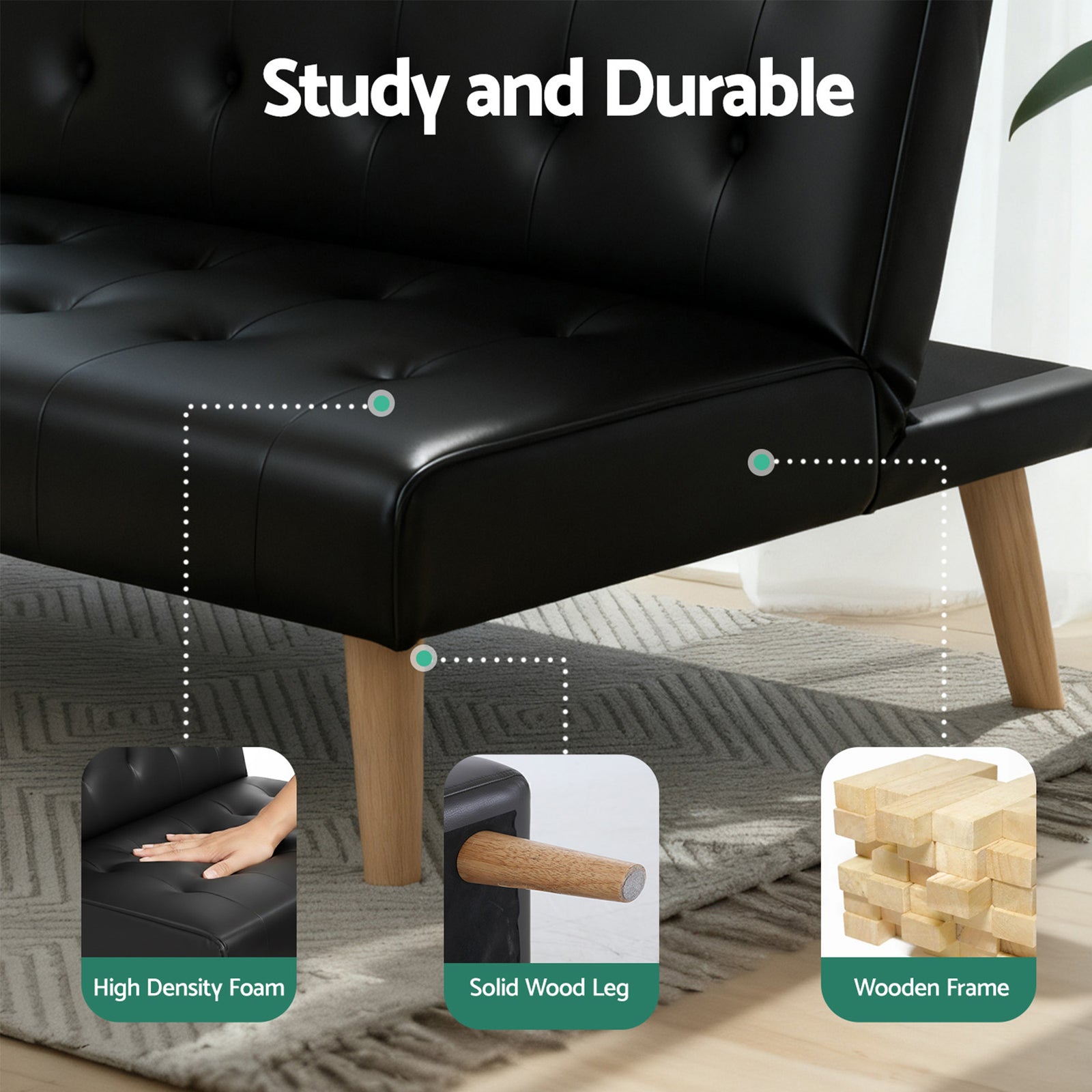 Sofa Bed Couch 2 Seater Lounge Fabric Black