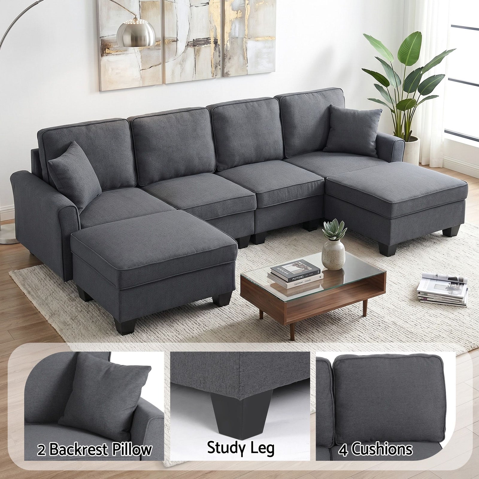 Modular Sectional Sofa – Storage, Movable Ottomans, Deep Seating, Faux Linen