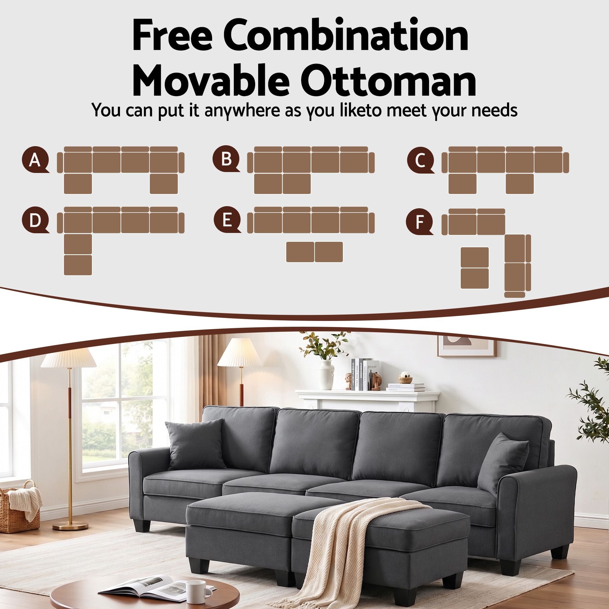 Modular Sectional Sofa – Storage, Movable Ottomans, Deep Seating, Faux Linen