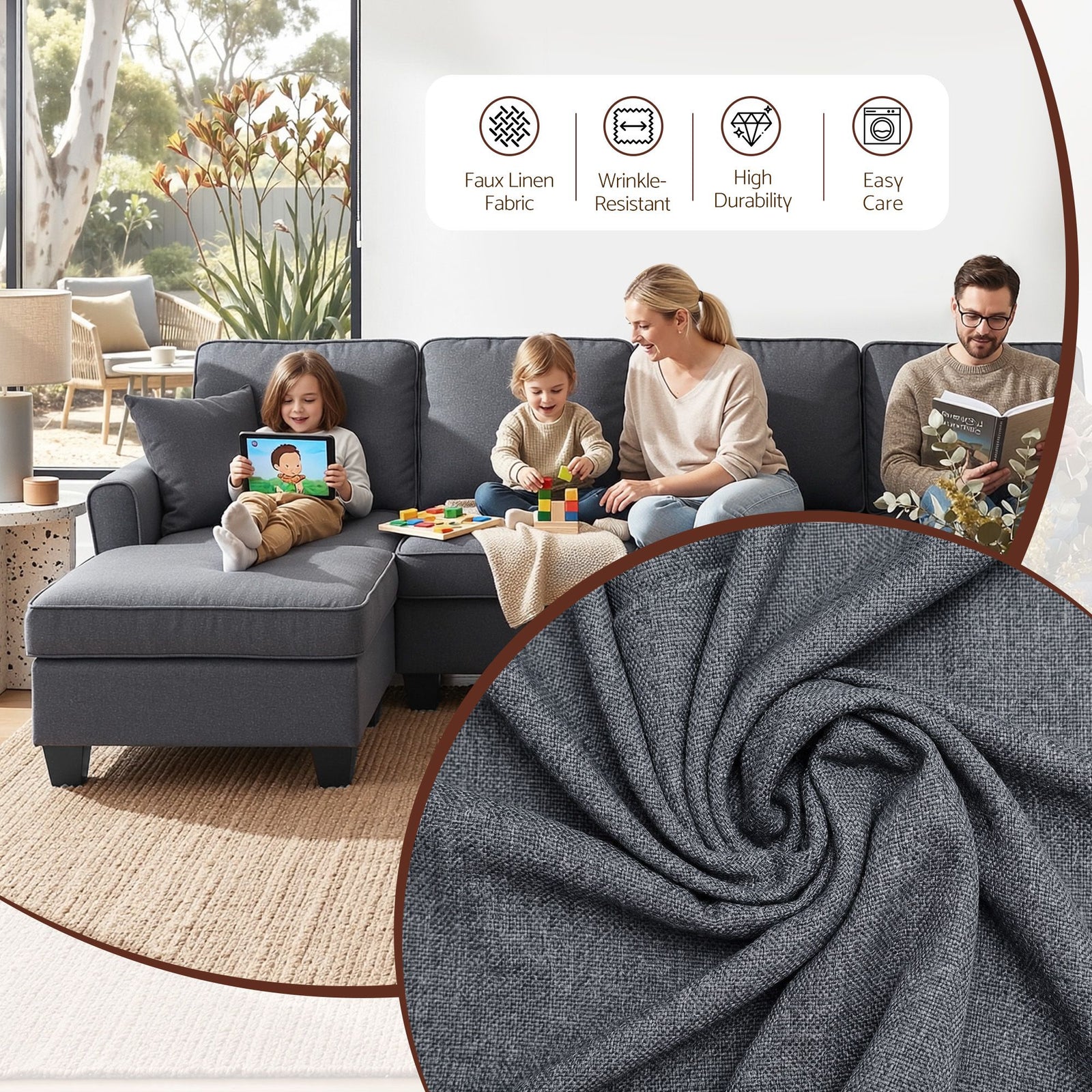 Modular Sectional Sofa – Storage, Movable Ottomans, Deep Seating, Faux Linen