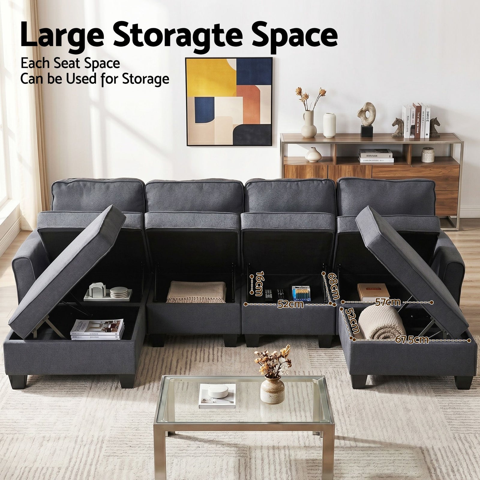 Modular Sectional Sofa – Storage, Movable Ottomans, Deep Seating, Faux Linen