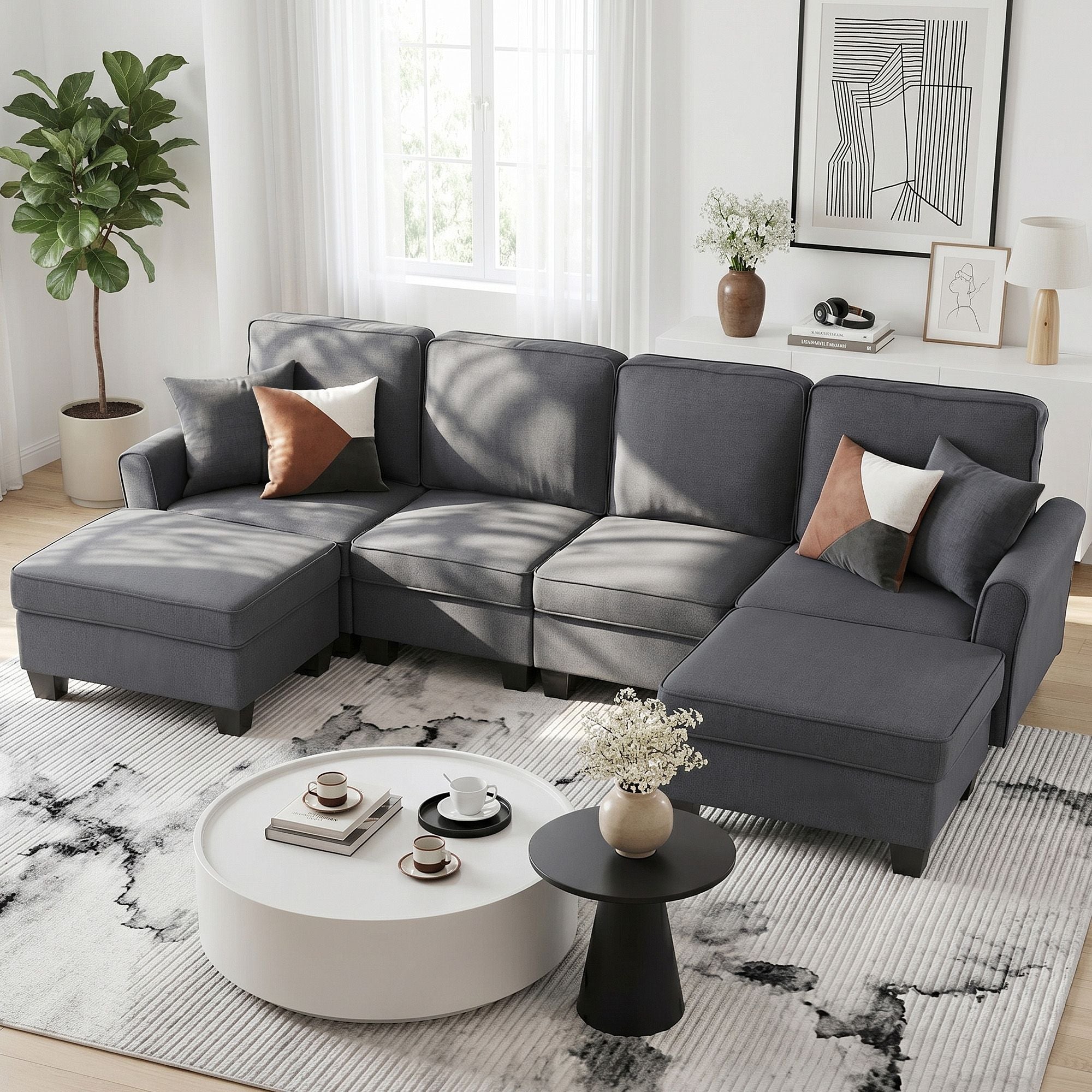 Modular Sectional Sofa – Storage, Movable Ottomans, Deep Seating, Faux Linen