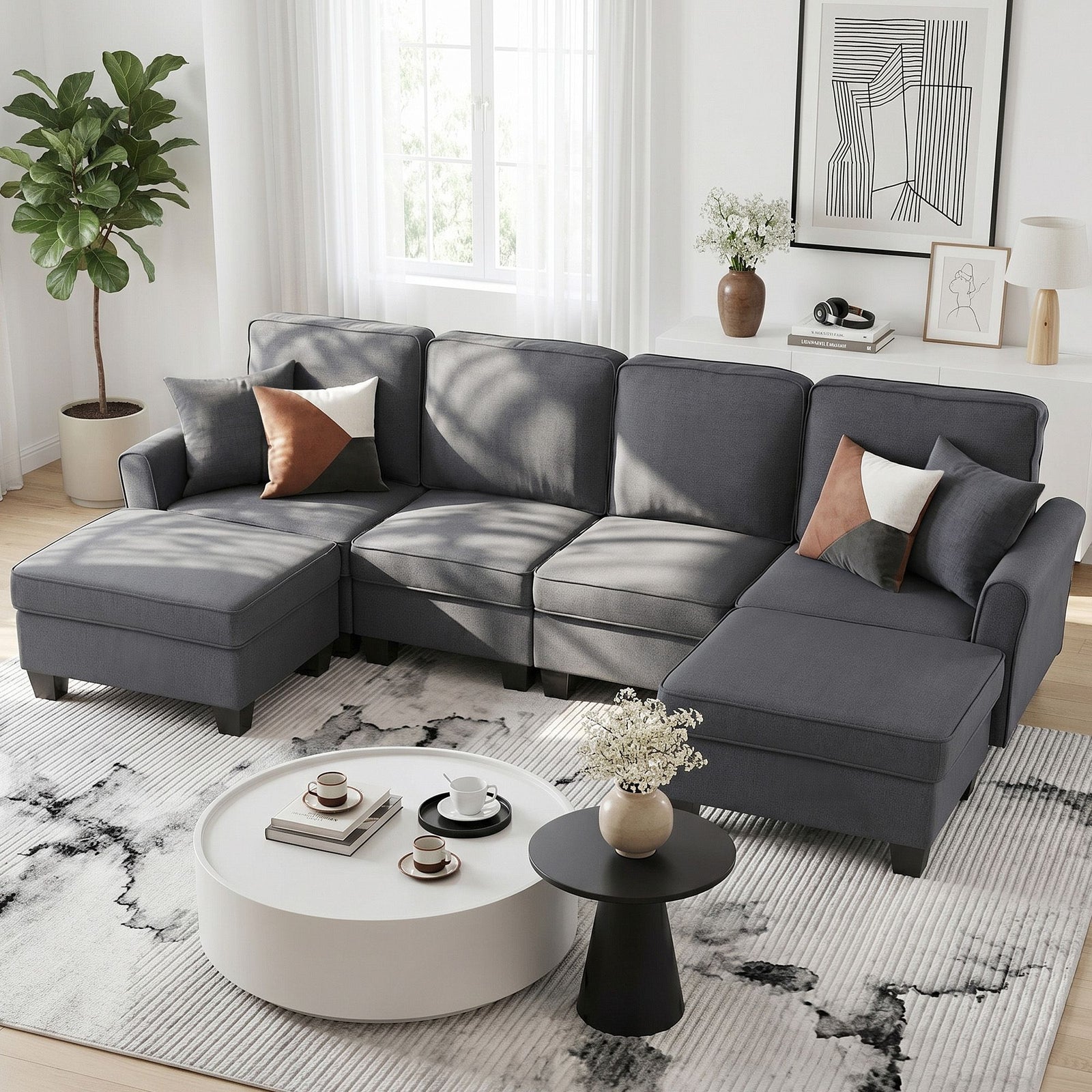 Modular Sectional Sofa – Storage, Movable Ottomans, Deep Seating, Faux Linen