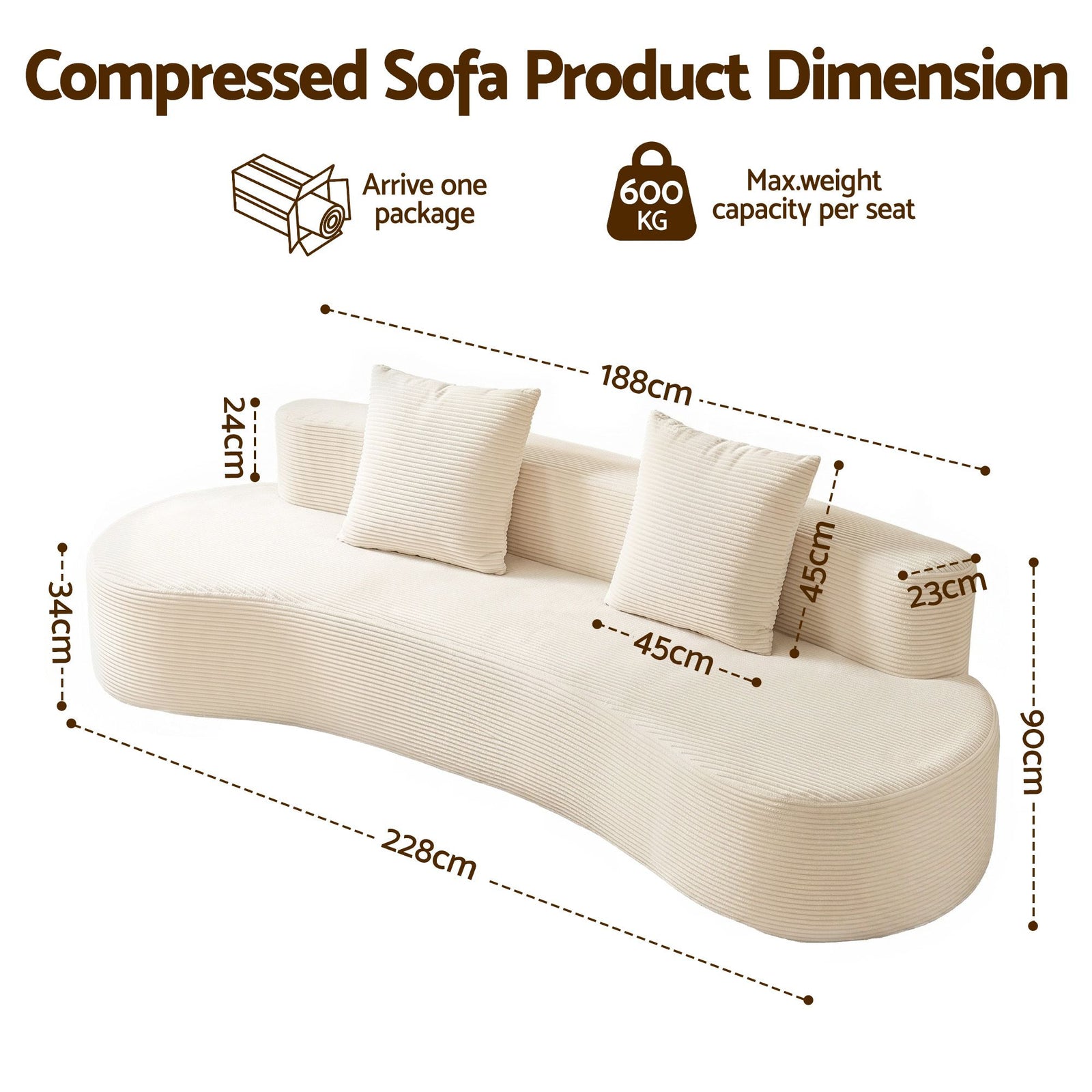 4‑Seater Sofa – High‑Density Foam, Corduroy, Backrest & Pillows, 228cm