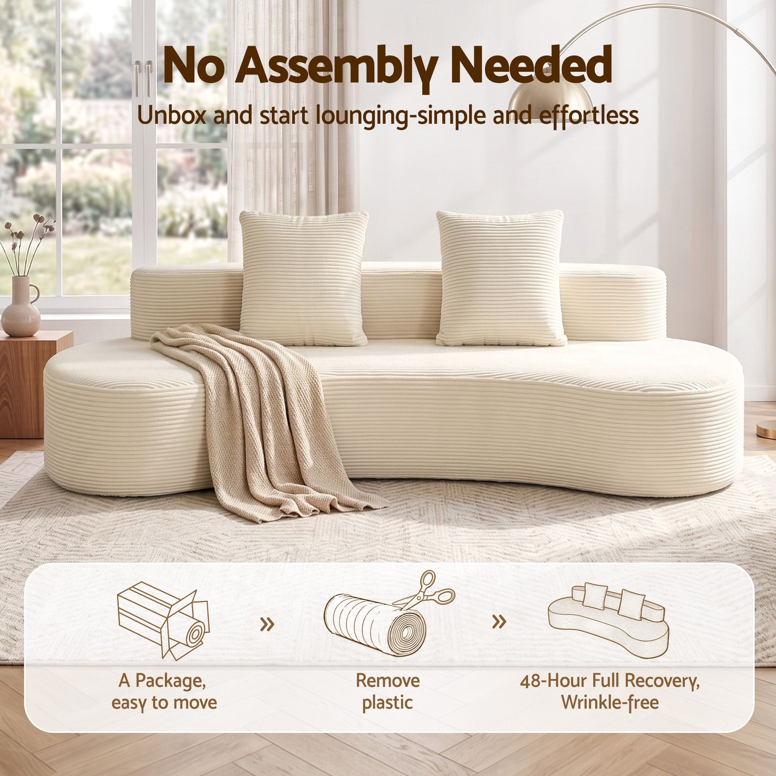 4‑Seater Sofa – High‑Density Foam, Corduroy, Backrest & Pillows, 228cm