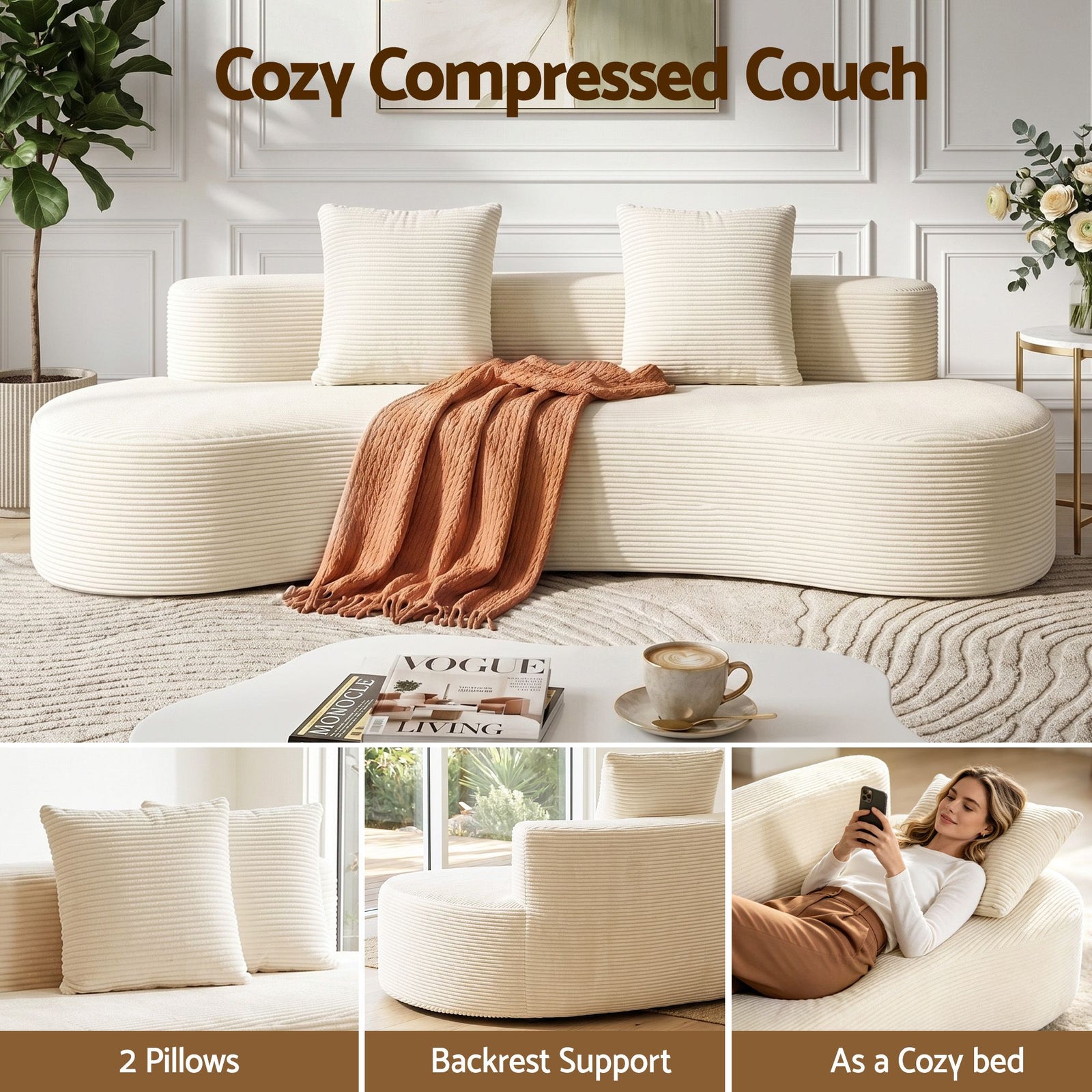 4‑Seater Sofa – High‑Density Foam, Corduroy, Backrest & Pillows, 228cm