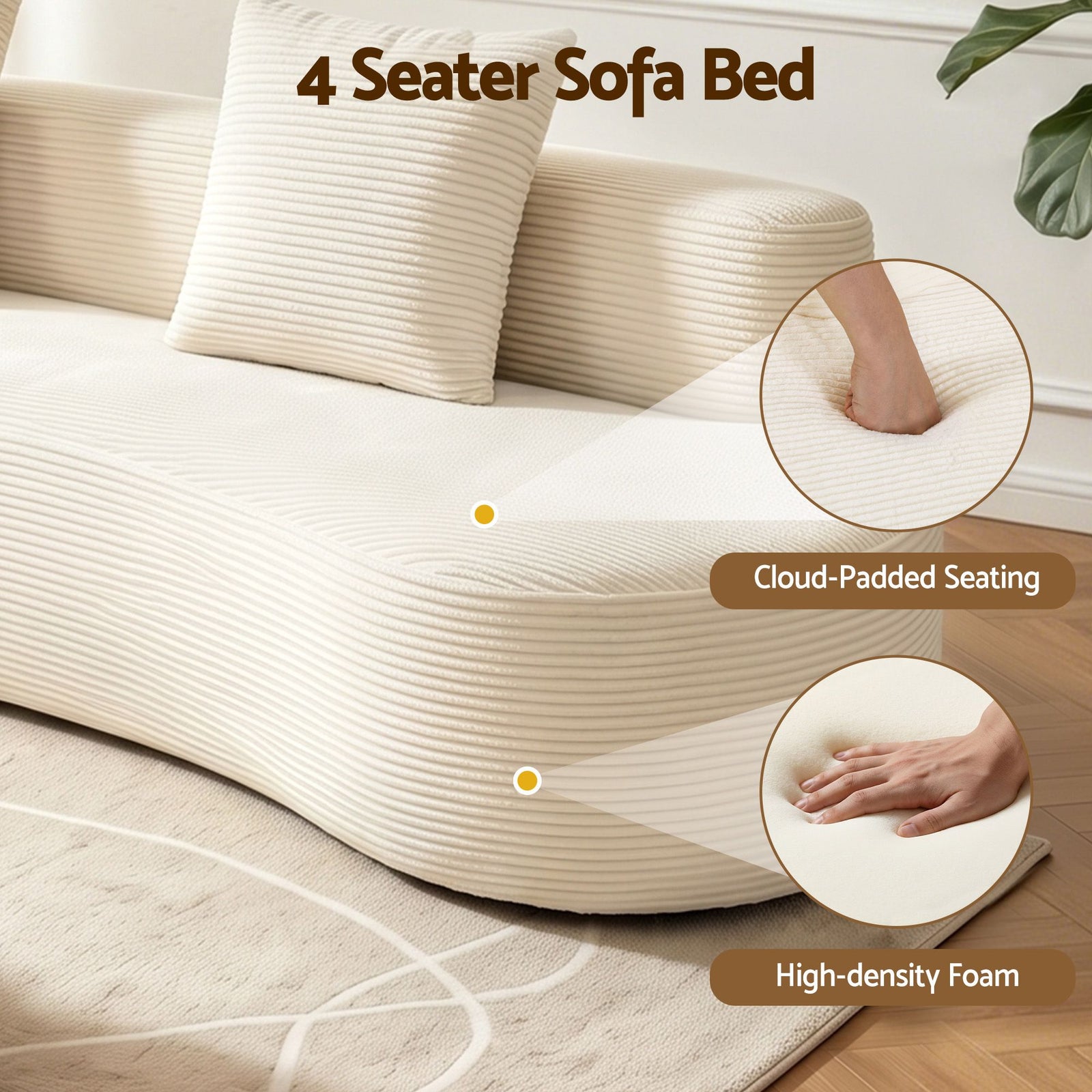 4‑Seater Sofa – High‑Density Foam, Corduroy, Backrest & Pillows, 228cm