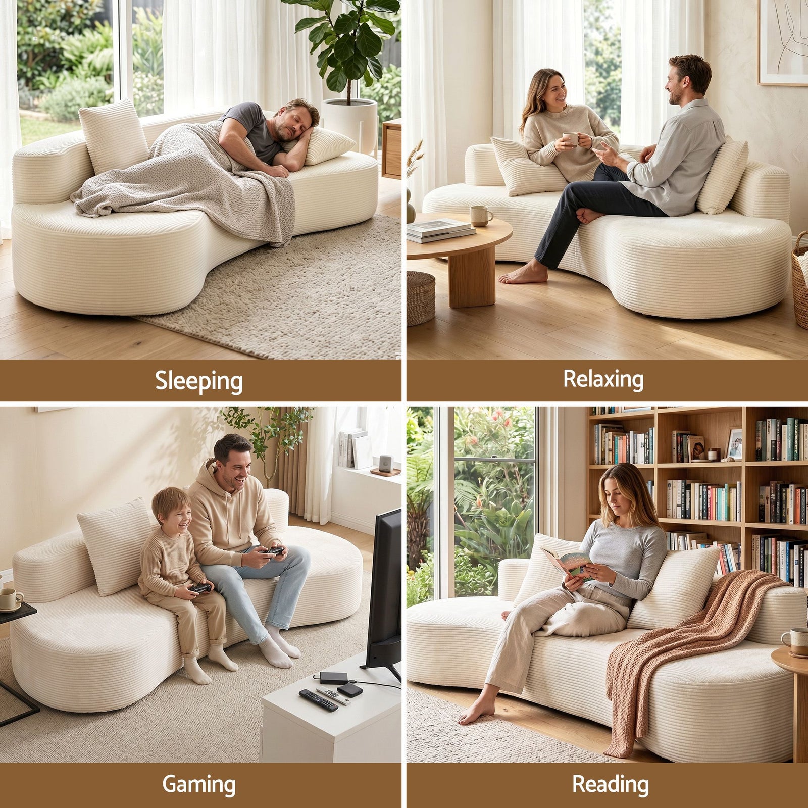 4‑Seater Sofa – High‑Density Foam, Corduroy, Backrest & Pillows, 228cm