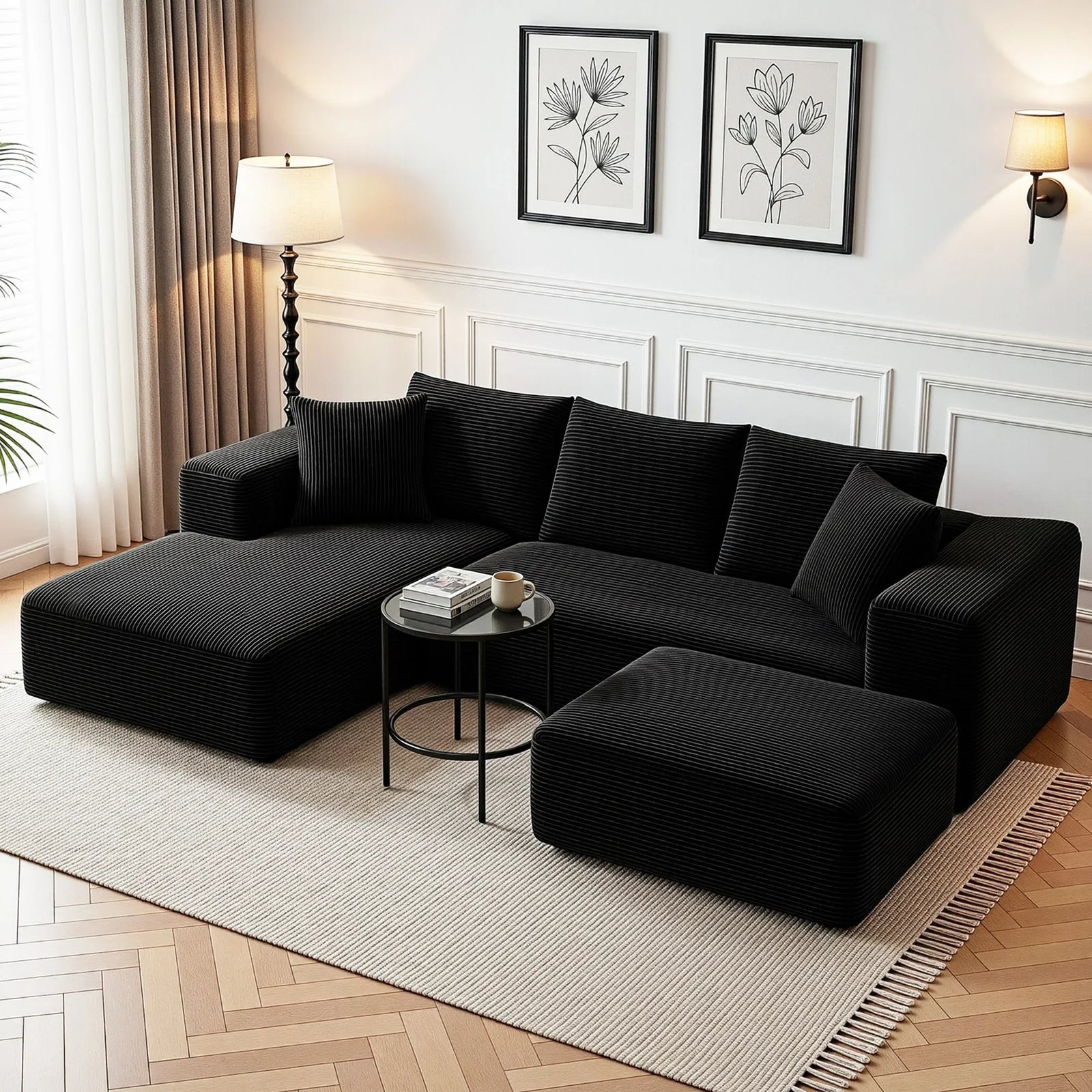 Modular Corduroy U‑Shaped Sofa – 3‑Piece Cloud Couch, No Assembly