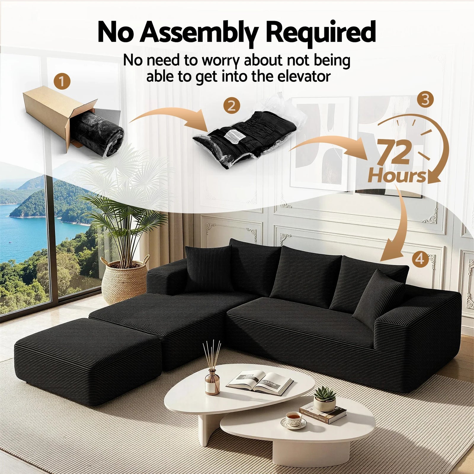 Modular Corduroy U‑Shaped Sofa – 3‑Piece Cloud Couch, No Assembly