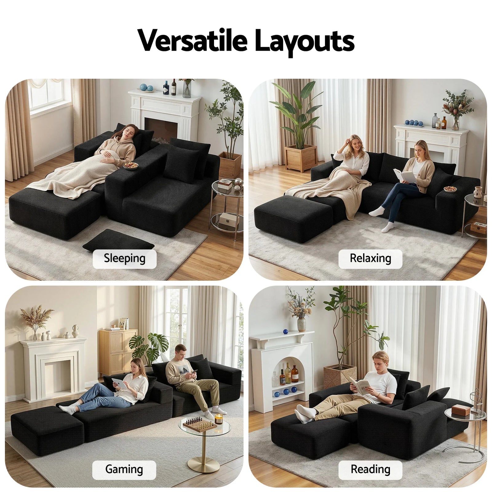 Modular Corduroy U‑Shaped Sofa – 3‑Piece Cloud Couch, No Assembly