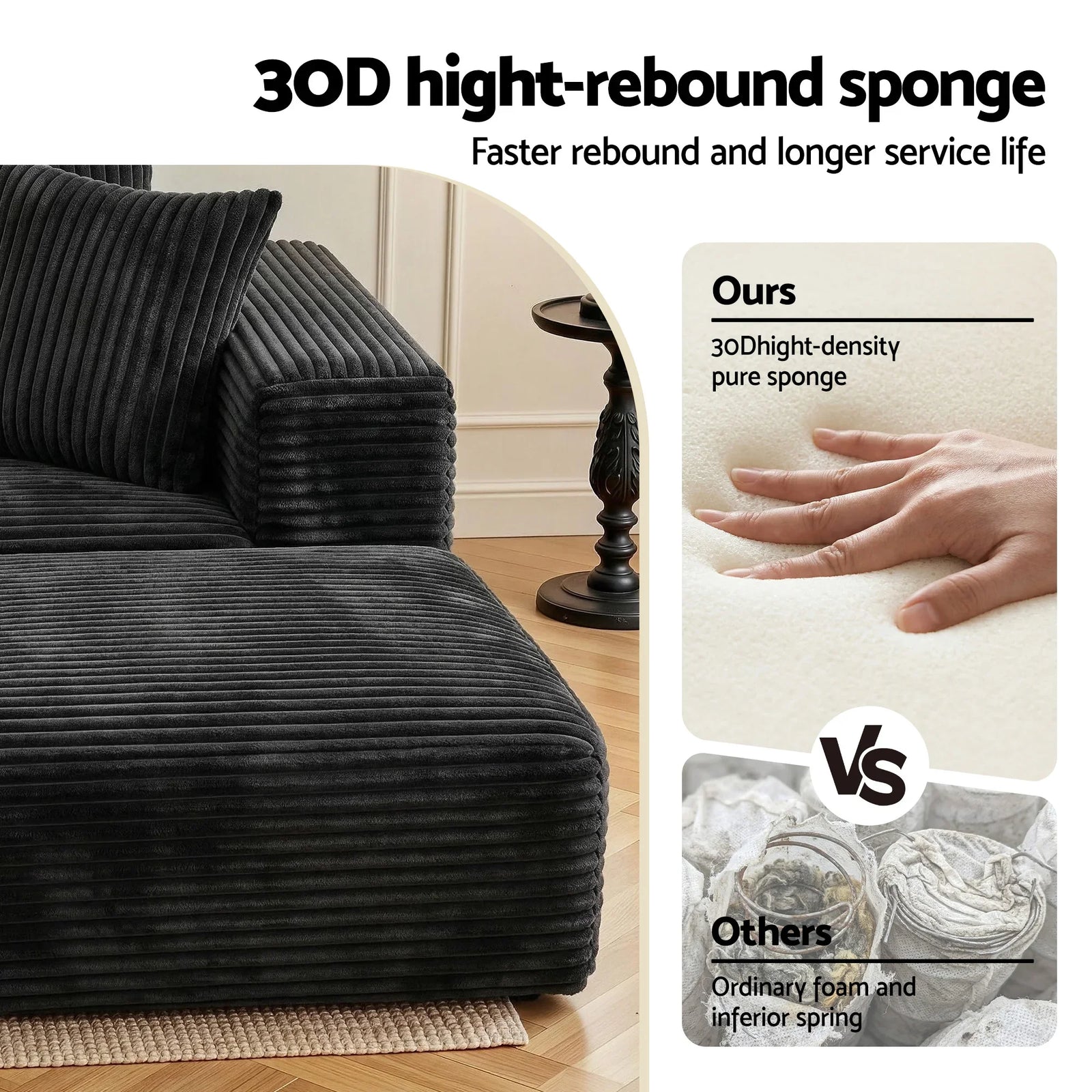 Modular Corduroy U‑Shaped Sofa – 3‑Piece Cloud Couch, No Assembly