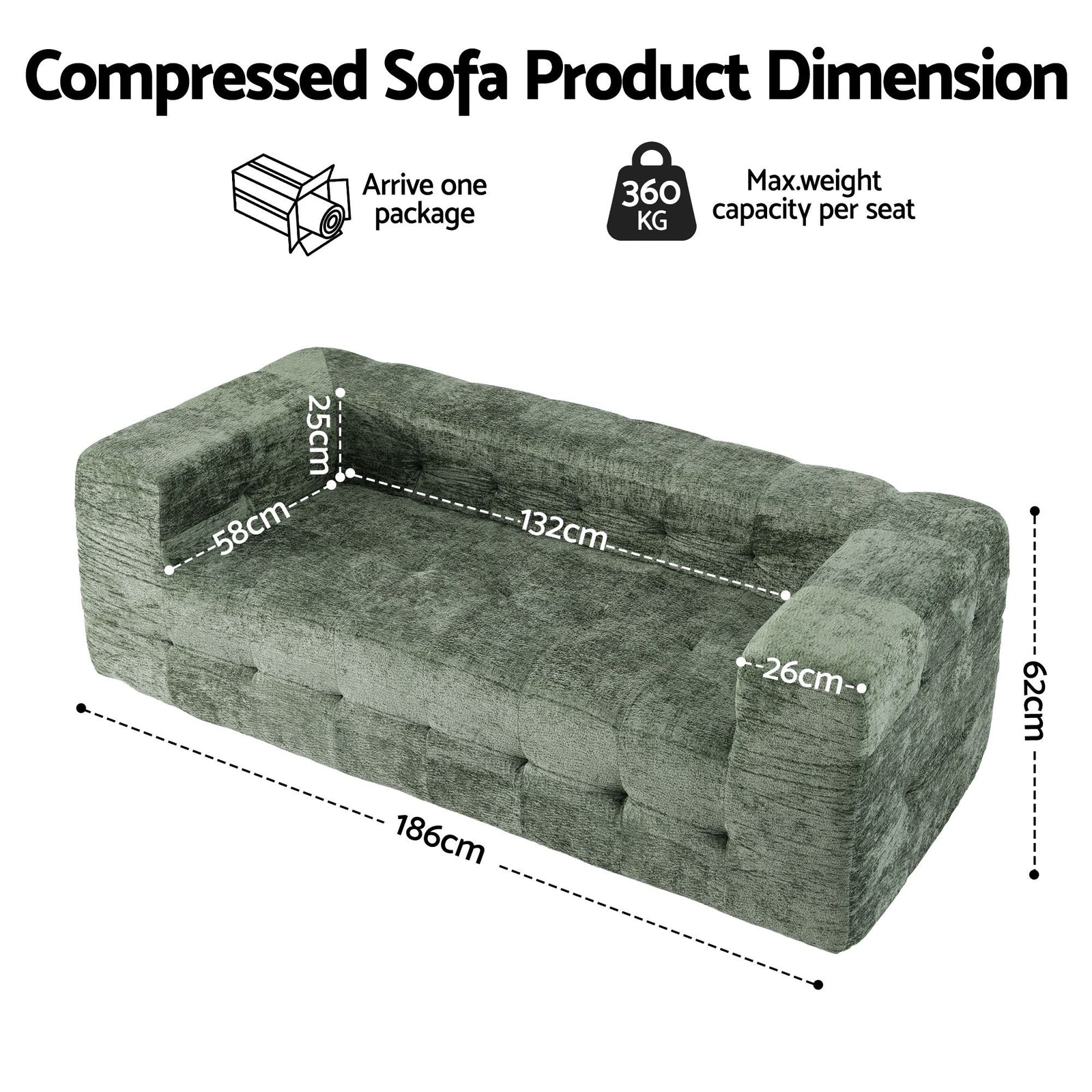 3‑Seater Sofa – Chenille, High‑Density Foam, 186cm, No‑Assembly Design