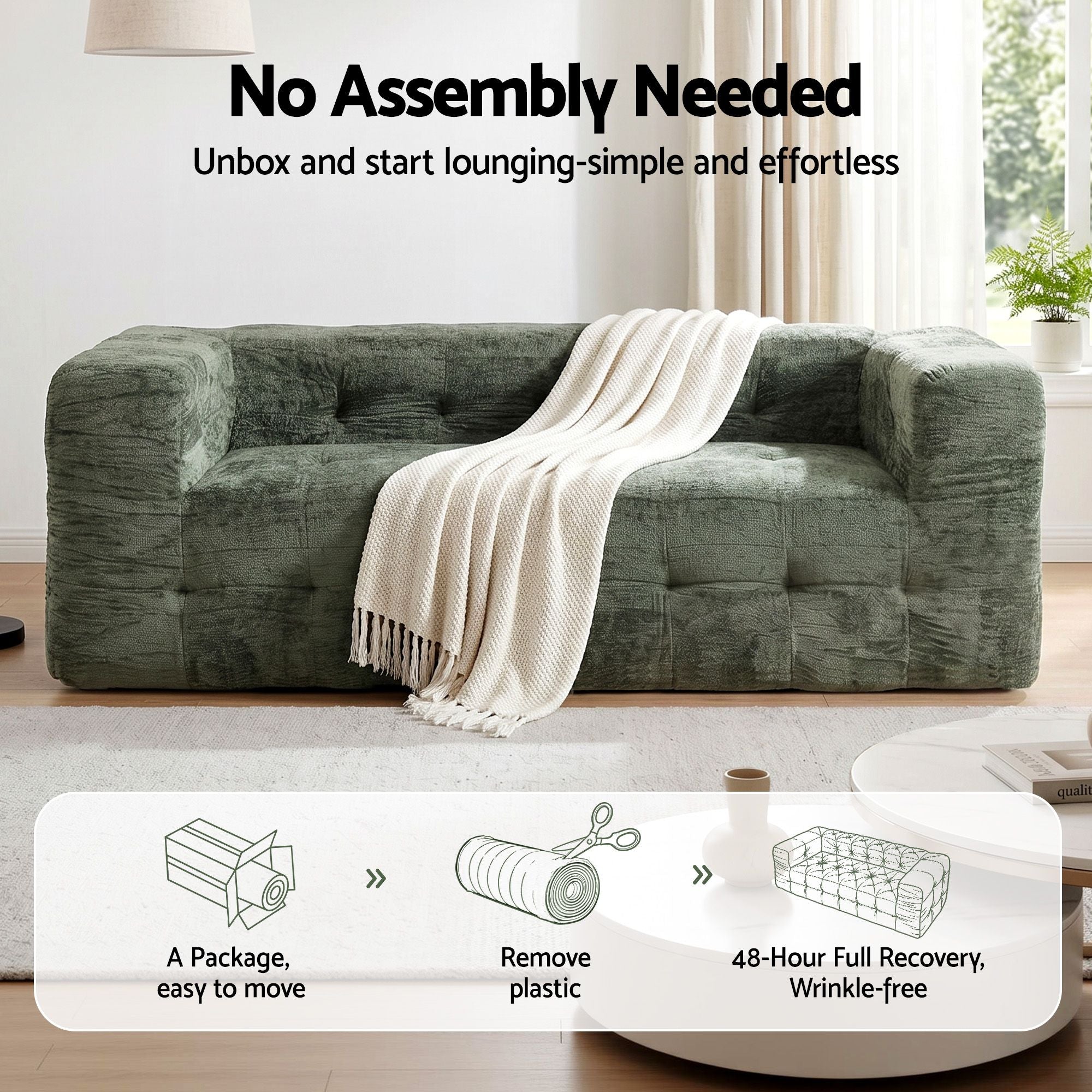 3‑Seater Sofa – Chenille, High‑Density Foam, 186cm, No‑Assembly Design
