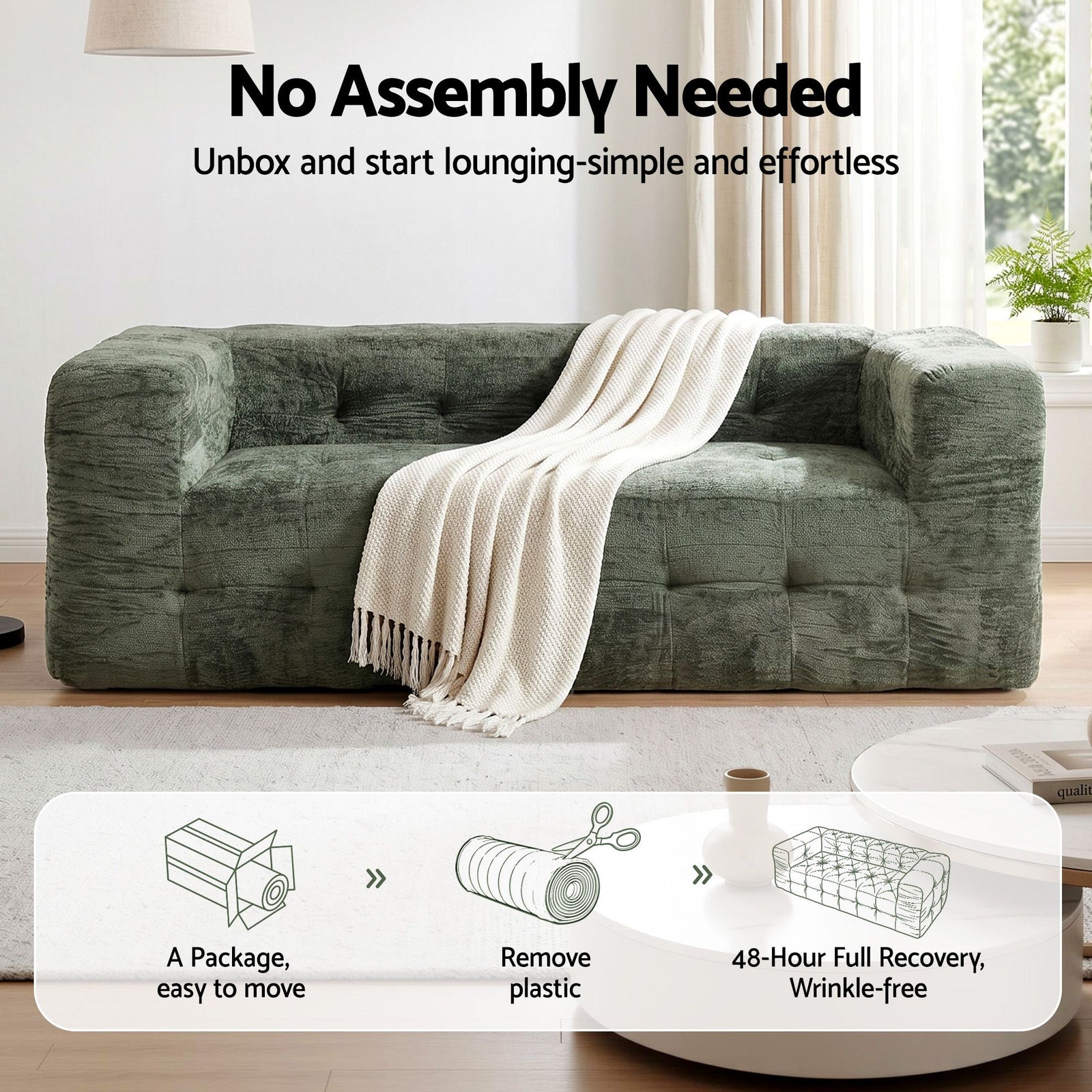 3‑Seater Sofa – Chenille, High‑Density Foam, 186cm, No‑Assembly Design