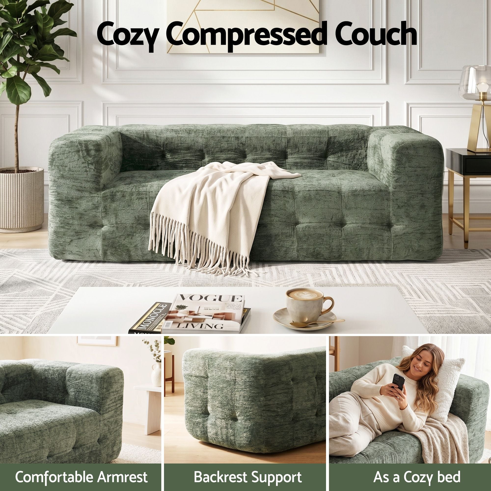 3‑Seater Sofa – Chenille, High‑Density Foam, 186cm, No‑Assembly Design