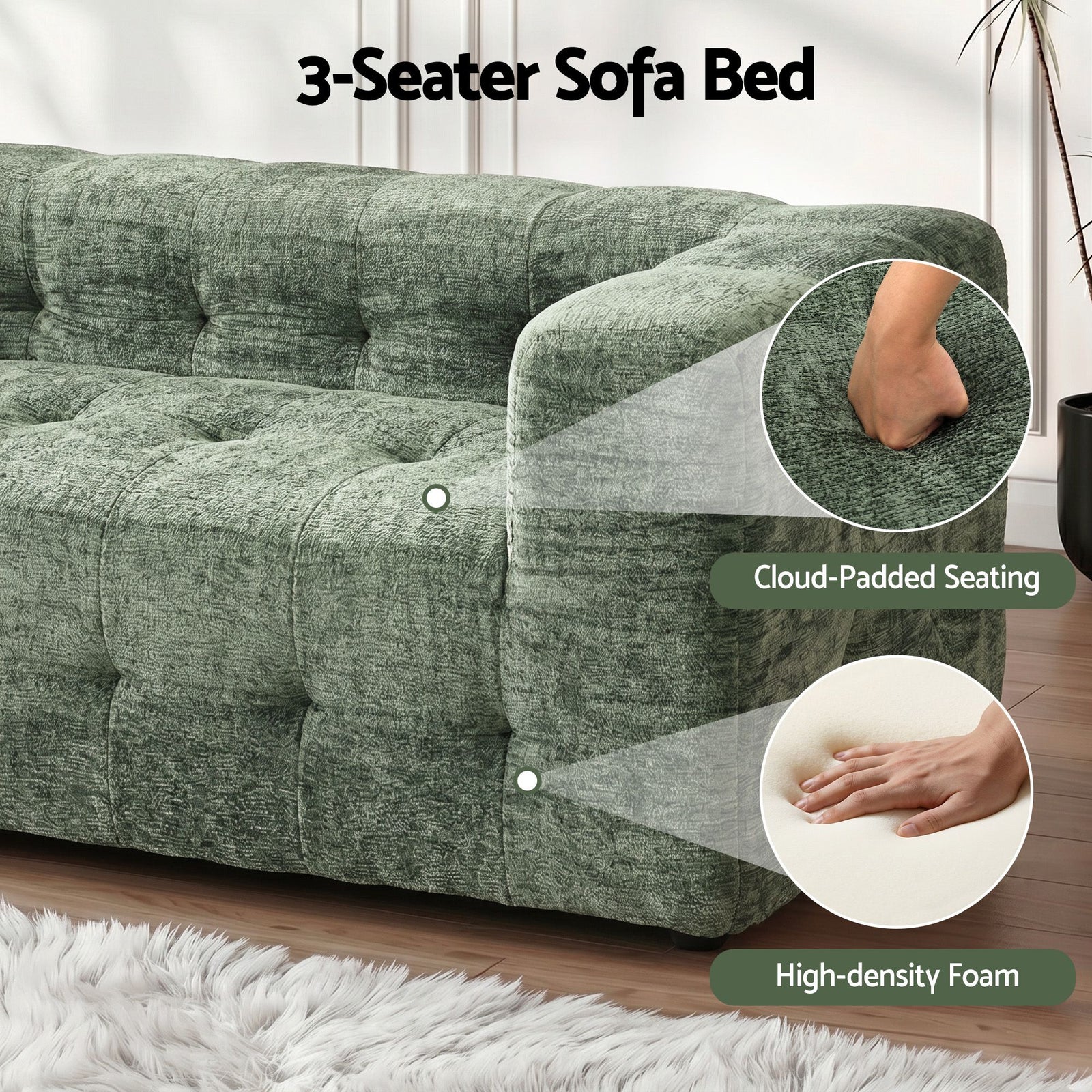 3‑Seater Sofa – Chenille, High‑Density Foam, 186cm, No‑Assembly Design