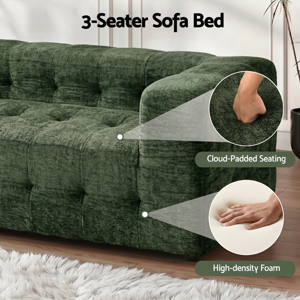 3‑Seater Sofa – Chenille, High‑Density Foam, 186cm, No‑Assembly Design