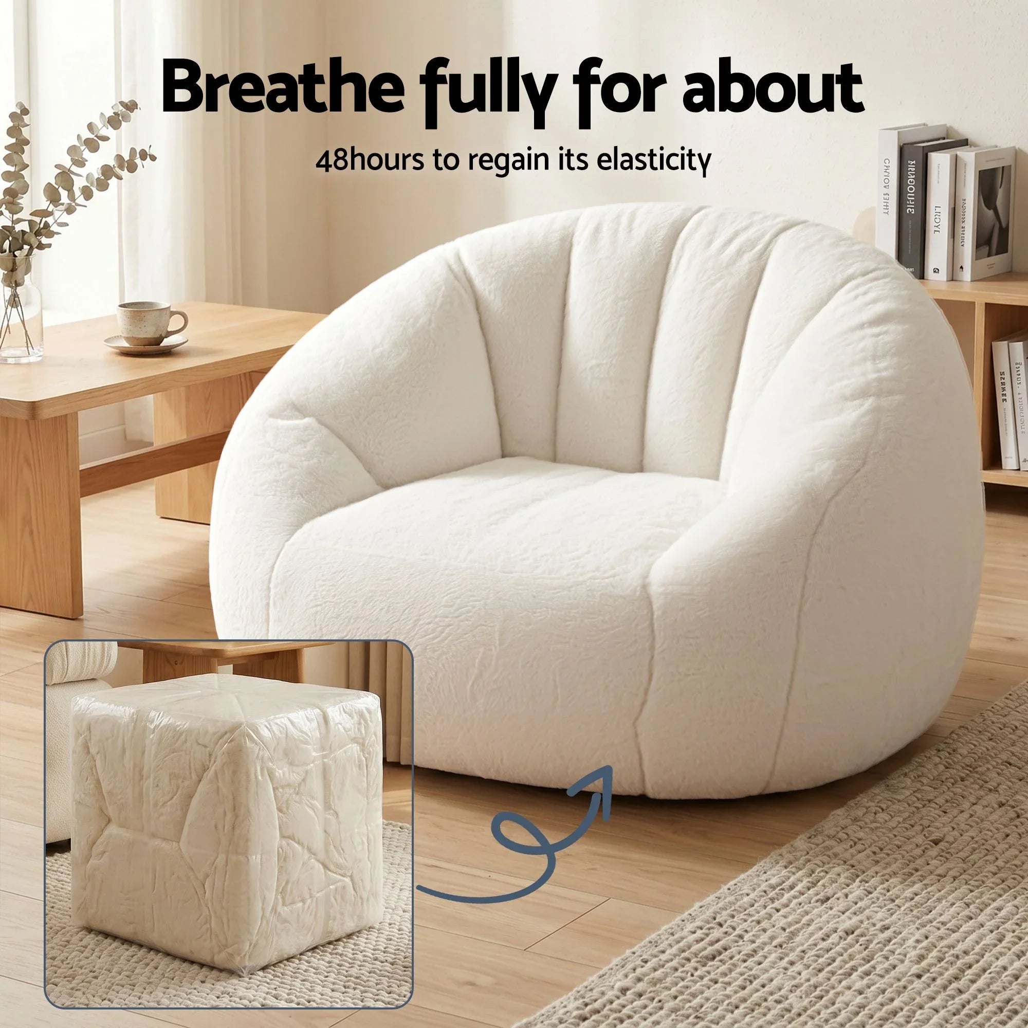 Single Small Boneless Couch Comfy Bean Bag for Living Room Faux Fur White