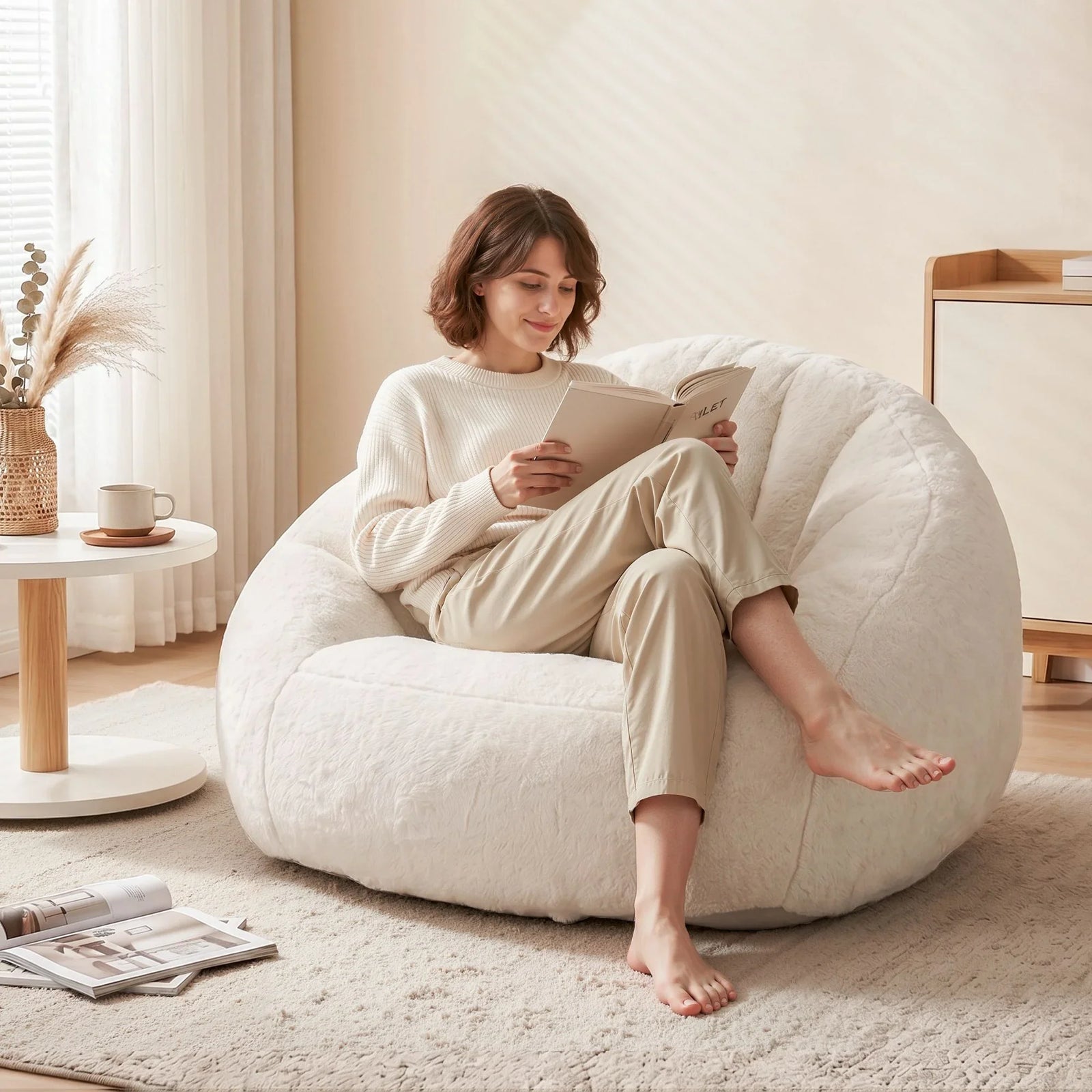 Single Small Boneless Couch Comfy Bean Bag for Living Room Faux Fur White