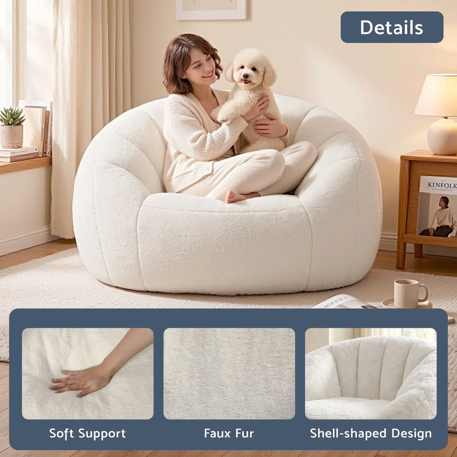 Single Small Boneless Couch Comfy Bean Bag for Living Room Faux Fur White