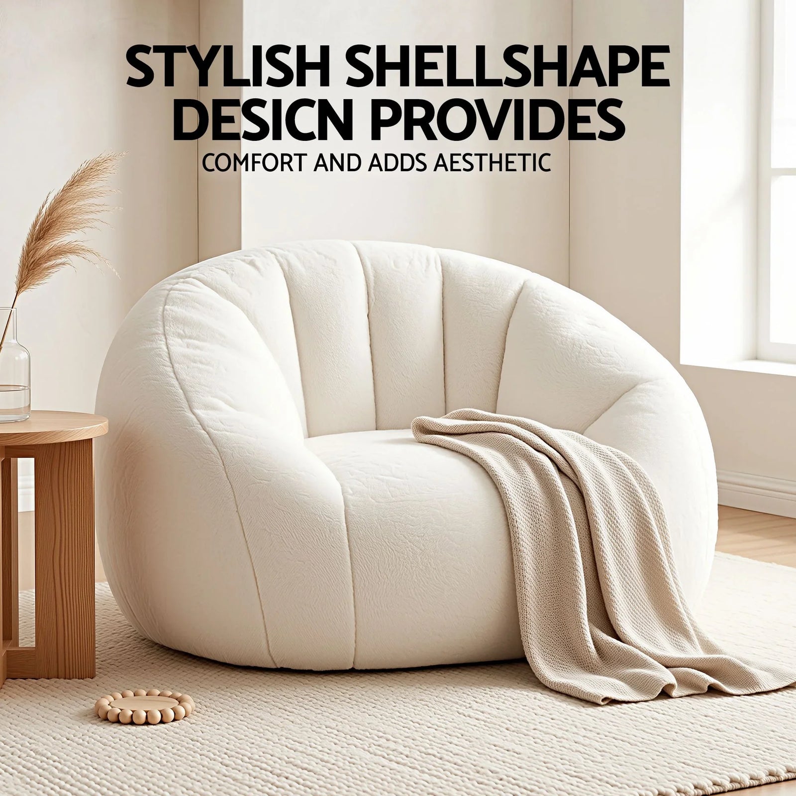 Single Small Boneless Couch Comfy Bean Bag for Living Room Faux Fur White