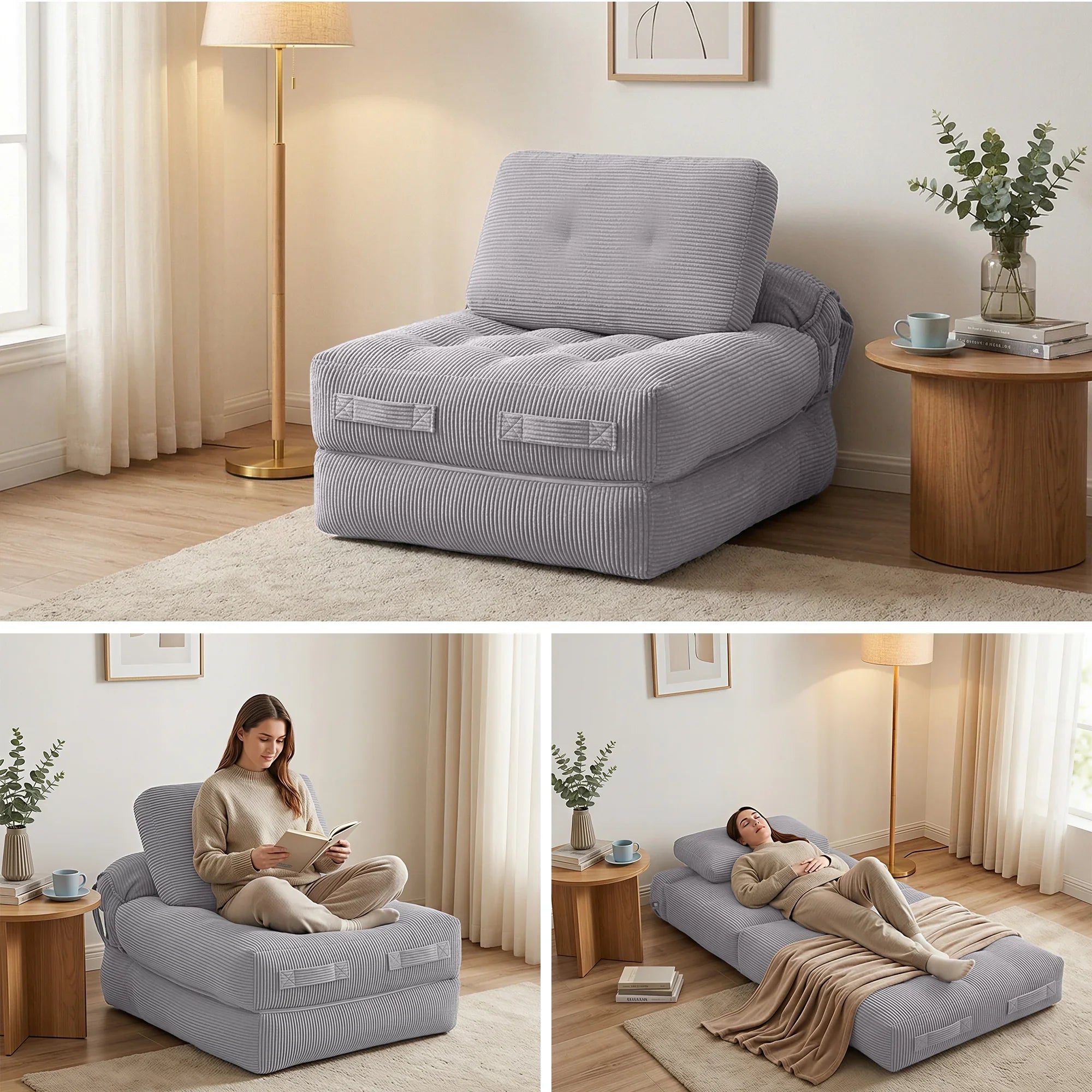 1 Seater Corduroy Convertible Sofa Bed Pull Out Boneless Couch Grey