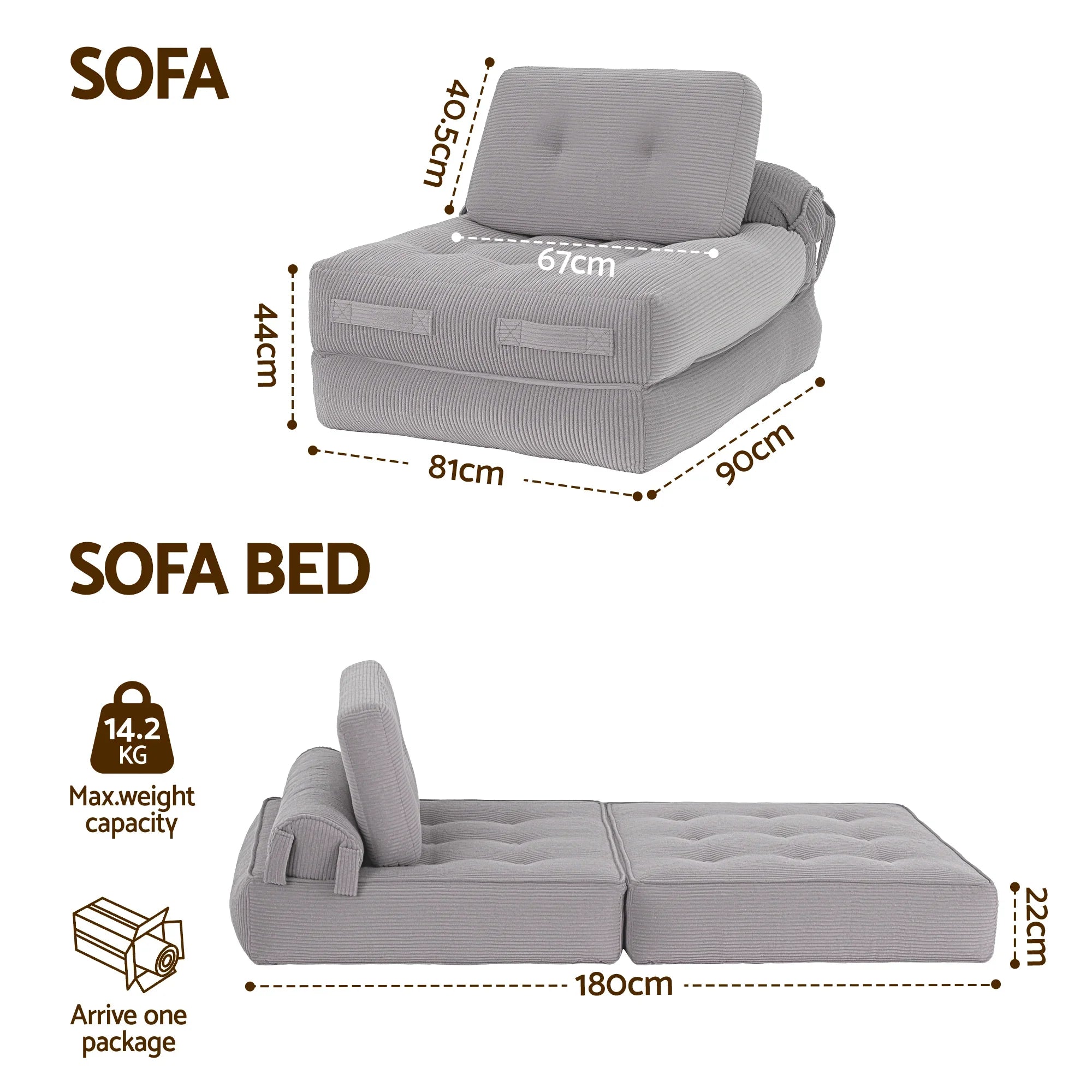 1 Seater Corduroy Convertible Sofa Bed Pull Out Boneless Couch Grey
