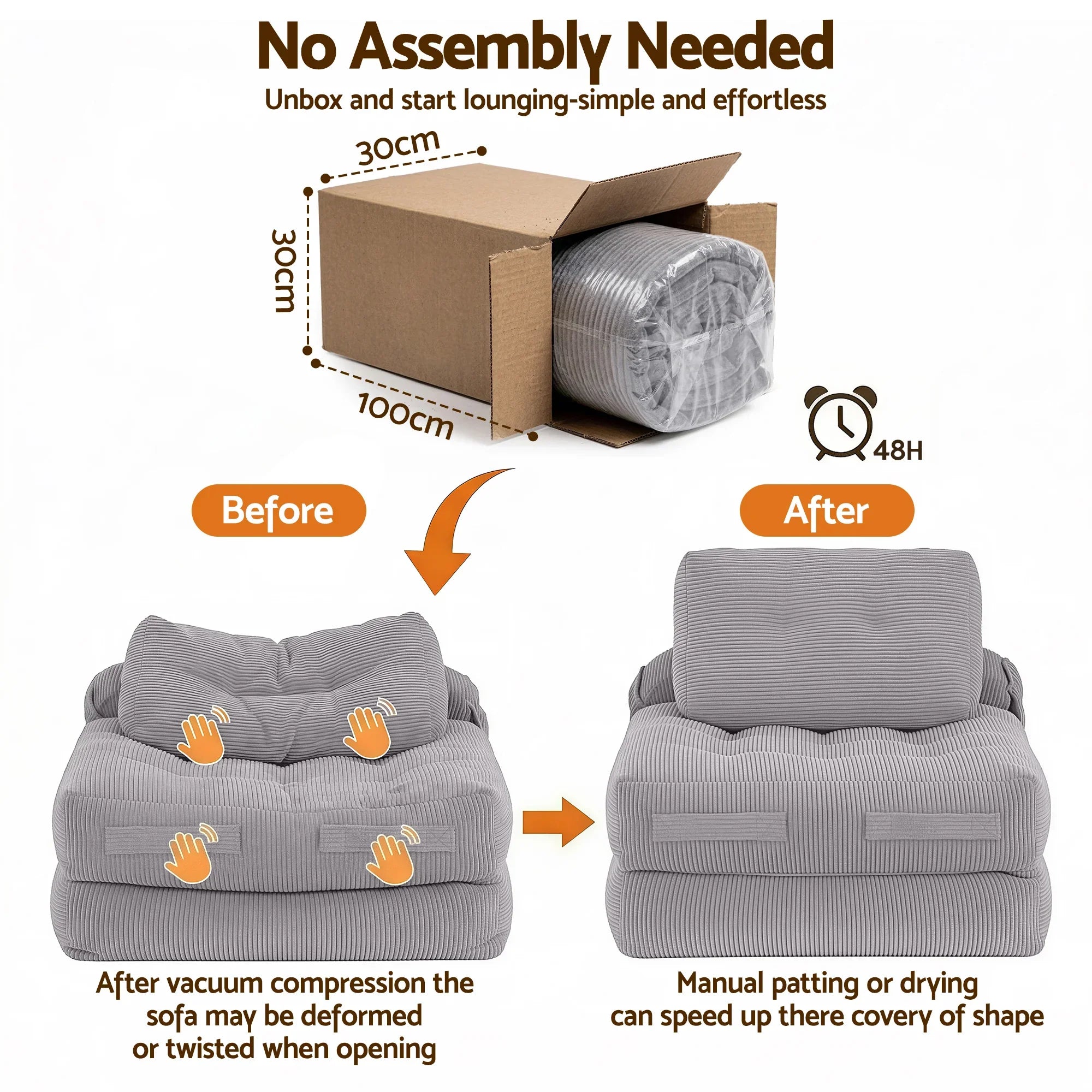 1 Seater Corduroy Convertible Sofa Bed Pull Out Boneless Couch Grey