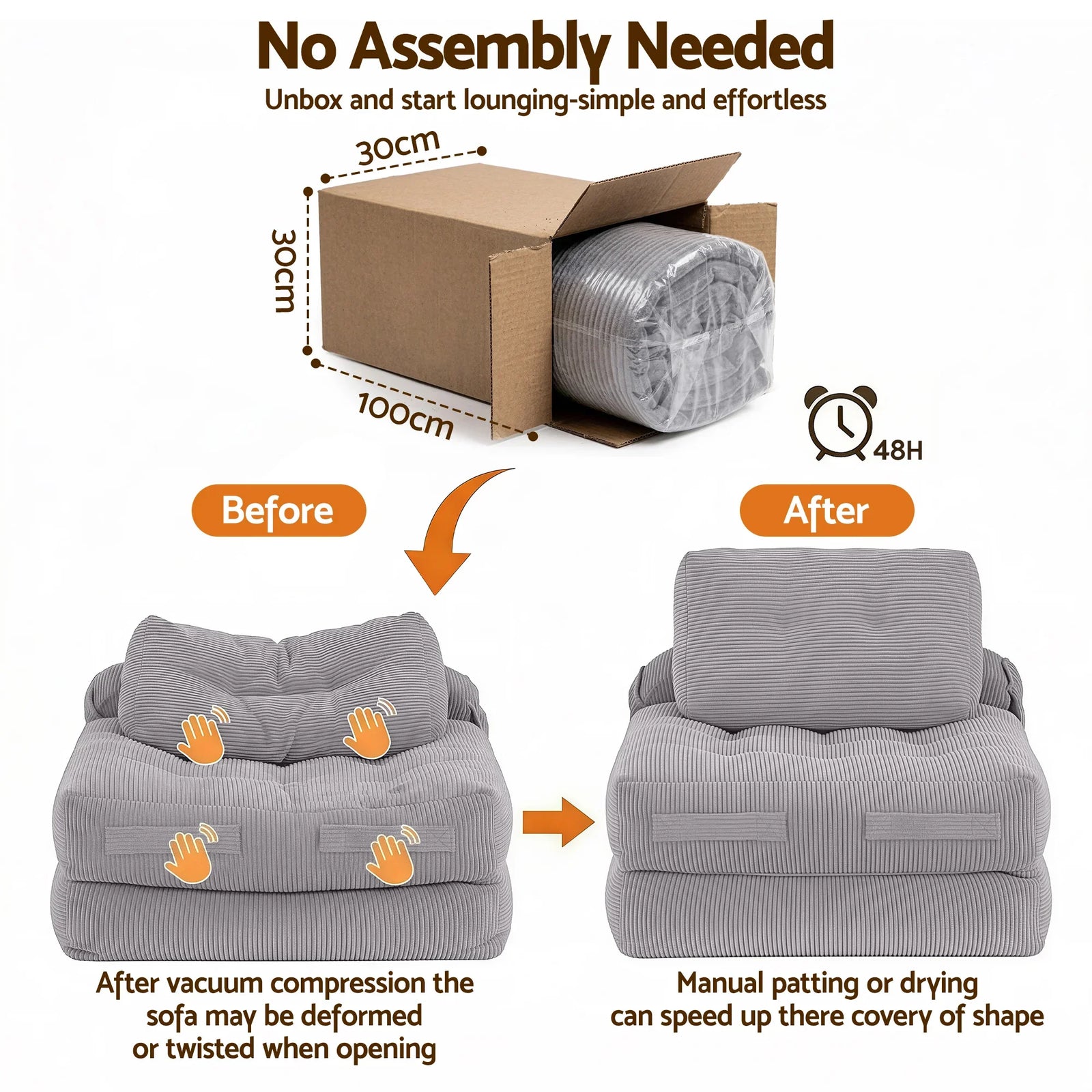 1 Seater Corduroy Convertible Sofa Bed Pull Out Boneless Couch Grey