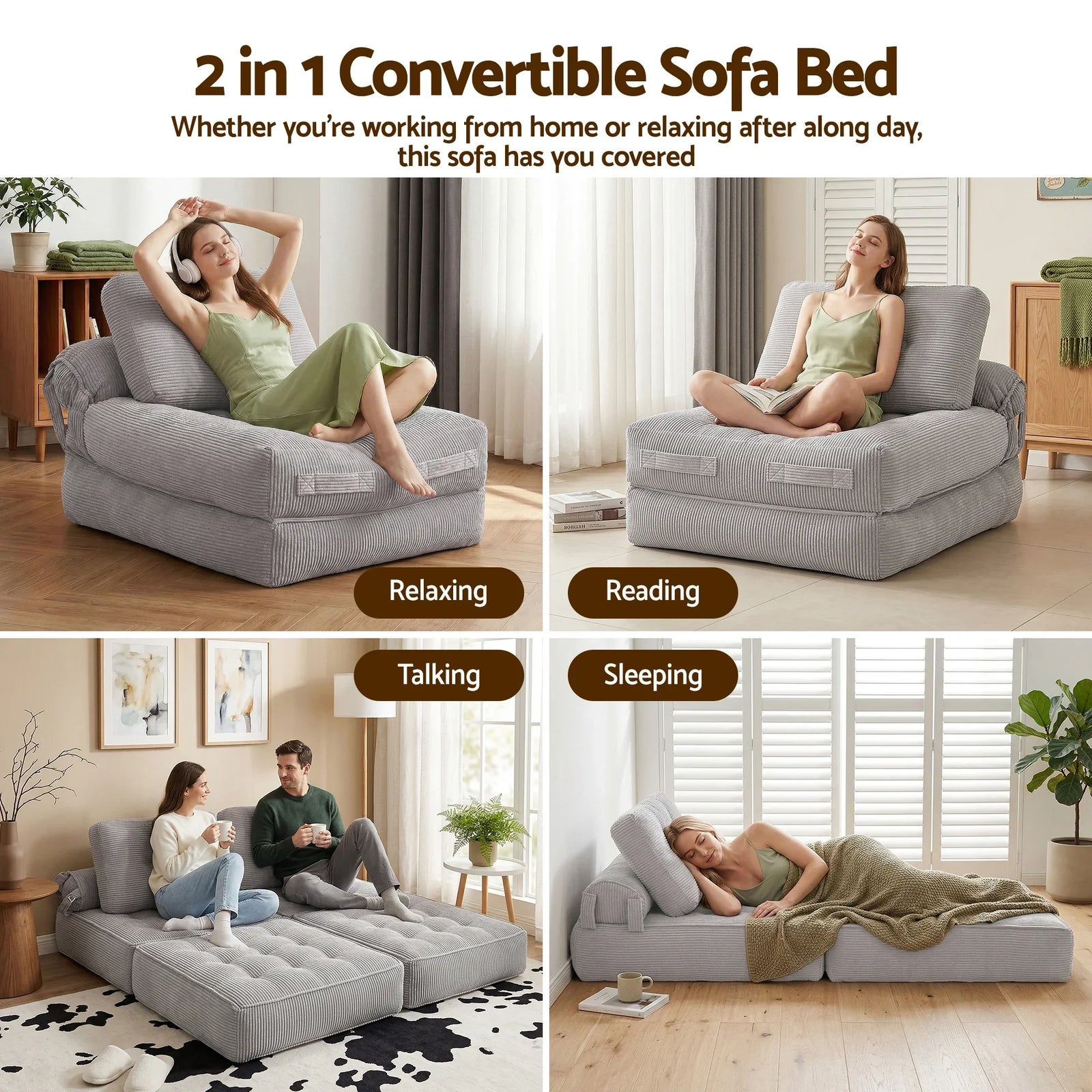 1 Seater Corduroy Convertible Sofa Bed Pull Out Boneless Couch Grey
