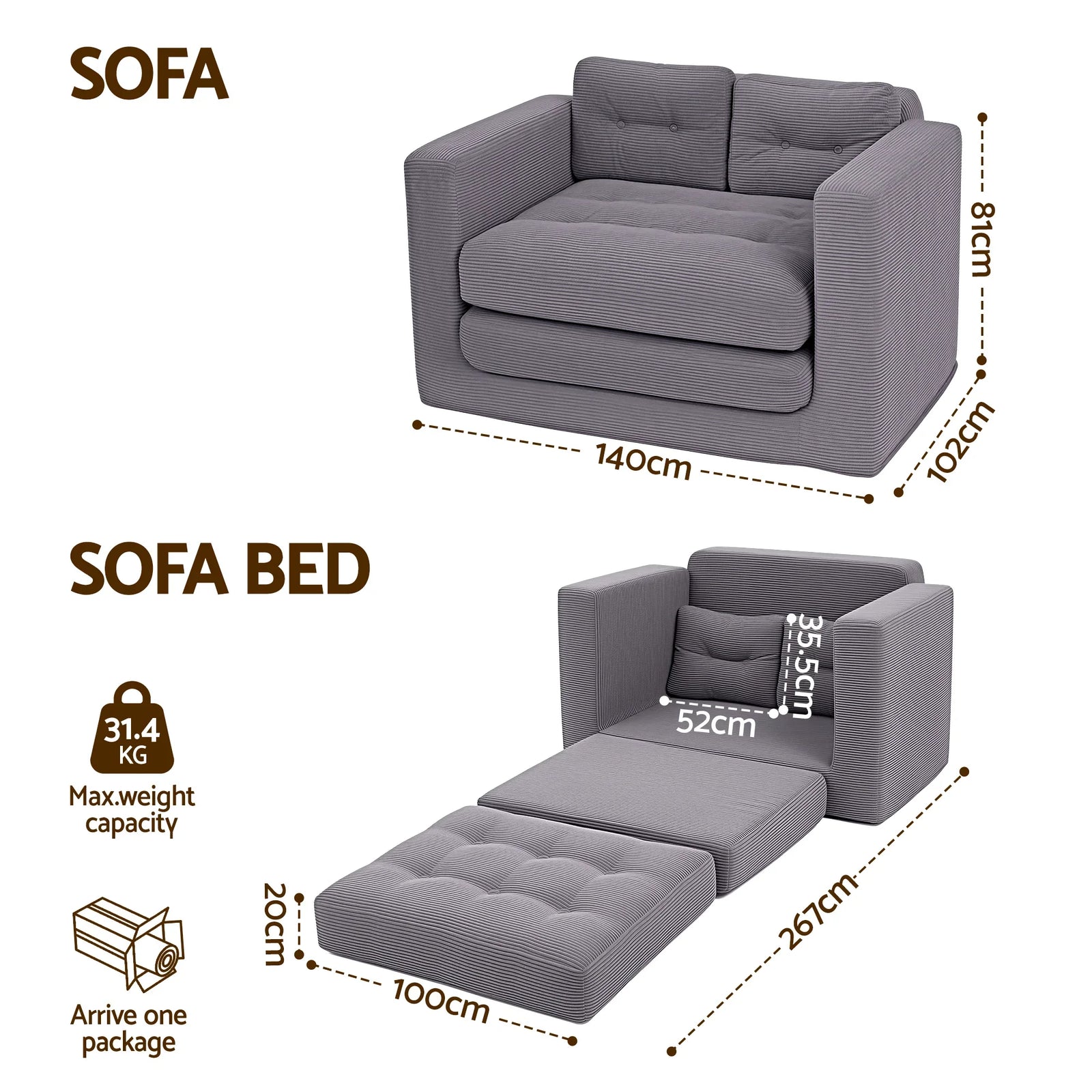 Artiss 2 Seater Corduroy Convertible Sofa Bed Pull Out Boneless Couch Grey