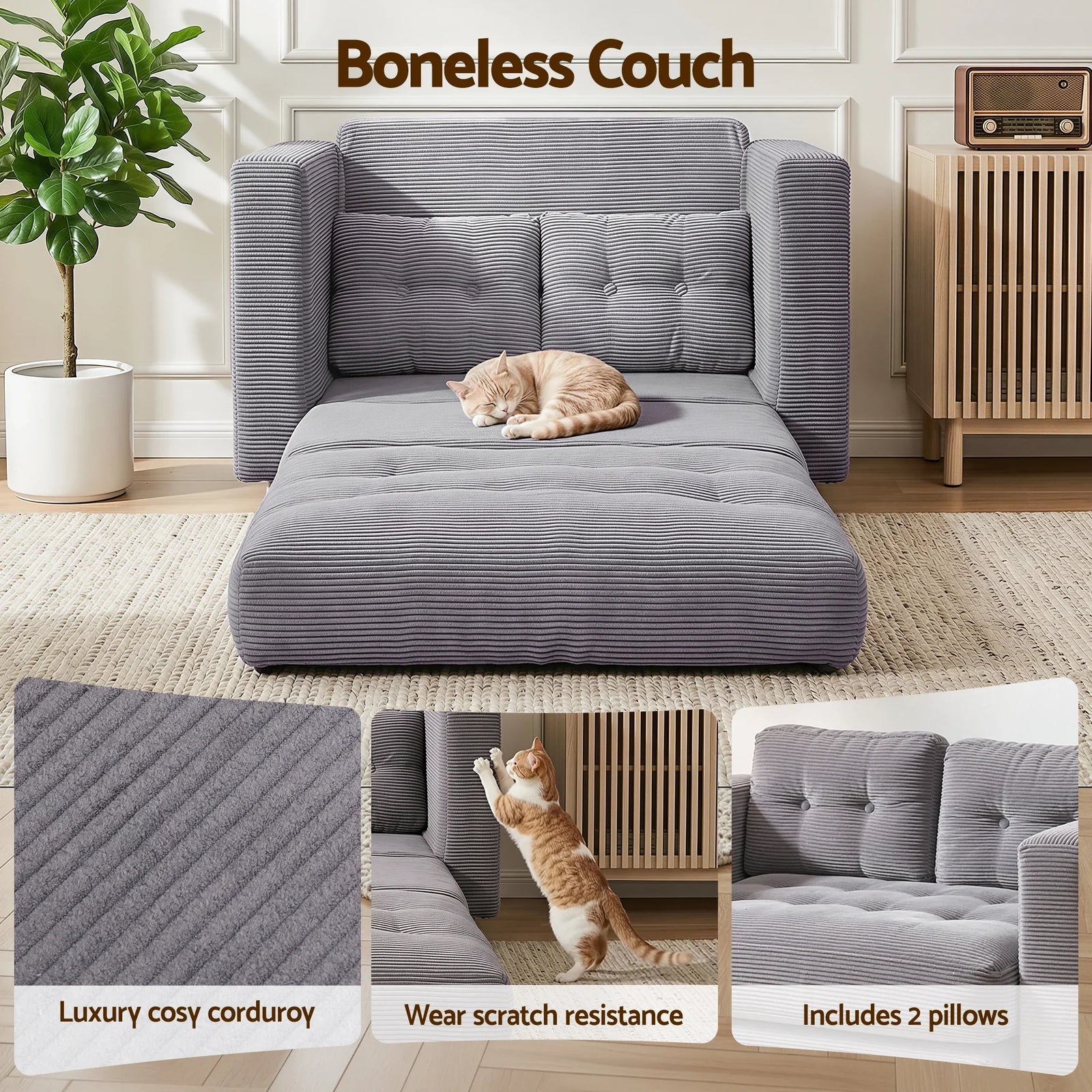 Artiss 2 Seater Corduroy Convertible Sofa Bed Pull Out Boneless Couch Grey