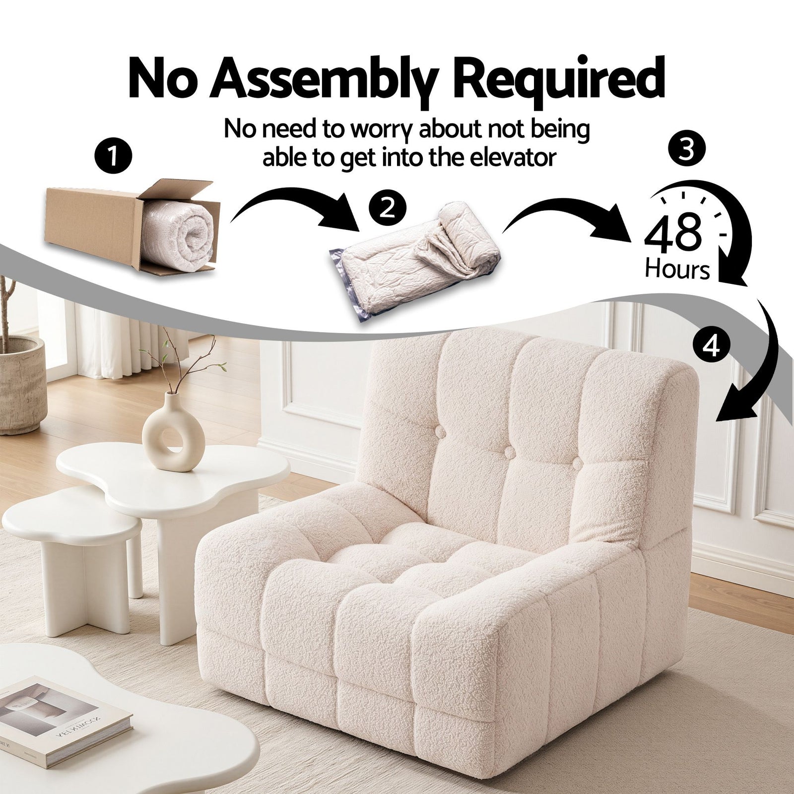 Set of 3 Sofa Modular Boneless Couches No Assembly White