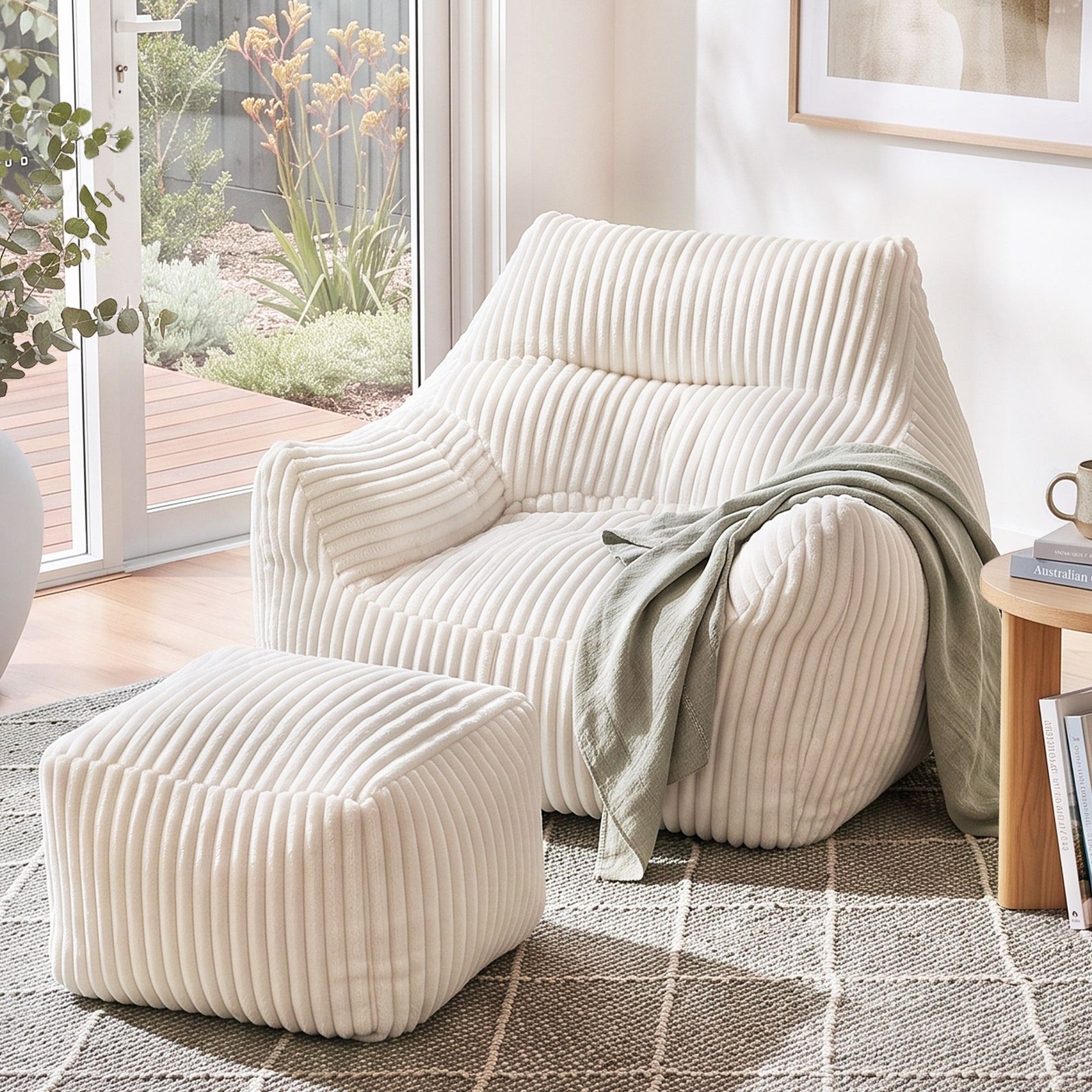 Artiss Bean Bag Sofa w/Ottoman Corduroy for Adults Teens White