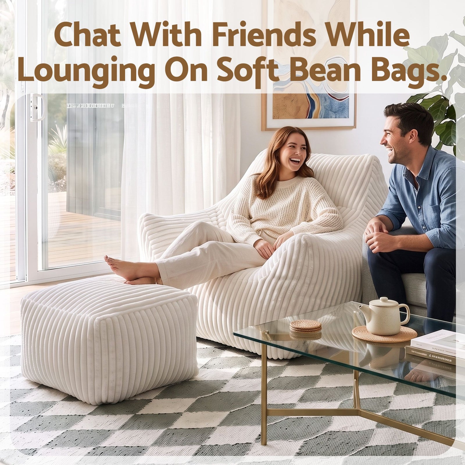Artiss Bean Bag Sofa w/Ottoman Corduroy for Adults Teens White