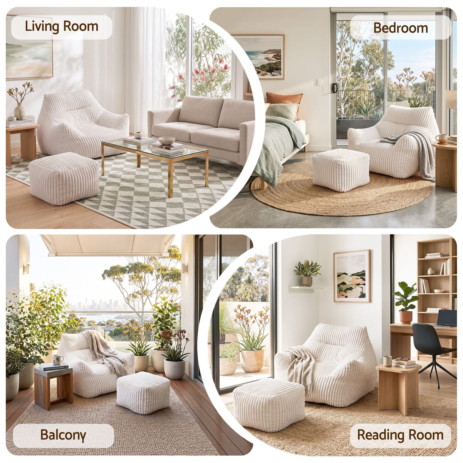Artiss Bean Bag Sofa w/Ottoman Corduroy for Adults Teens White