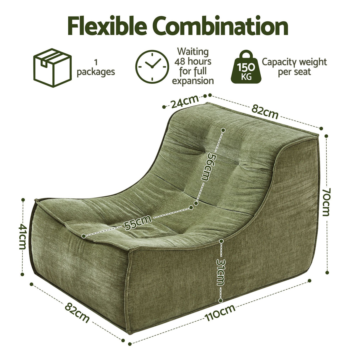 Floor Sofa Armless Chenille No Assembly Removable Cover Green
