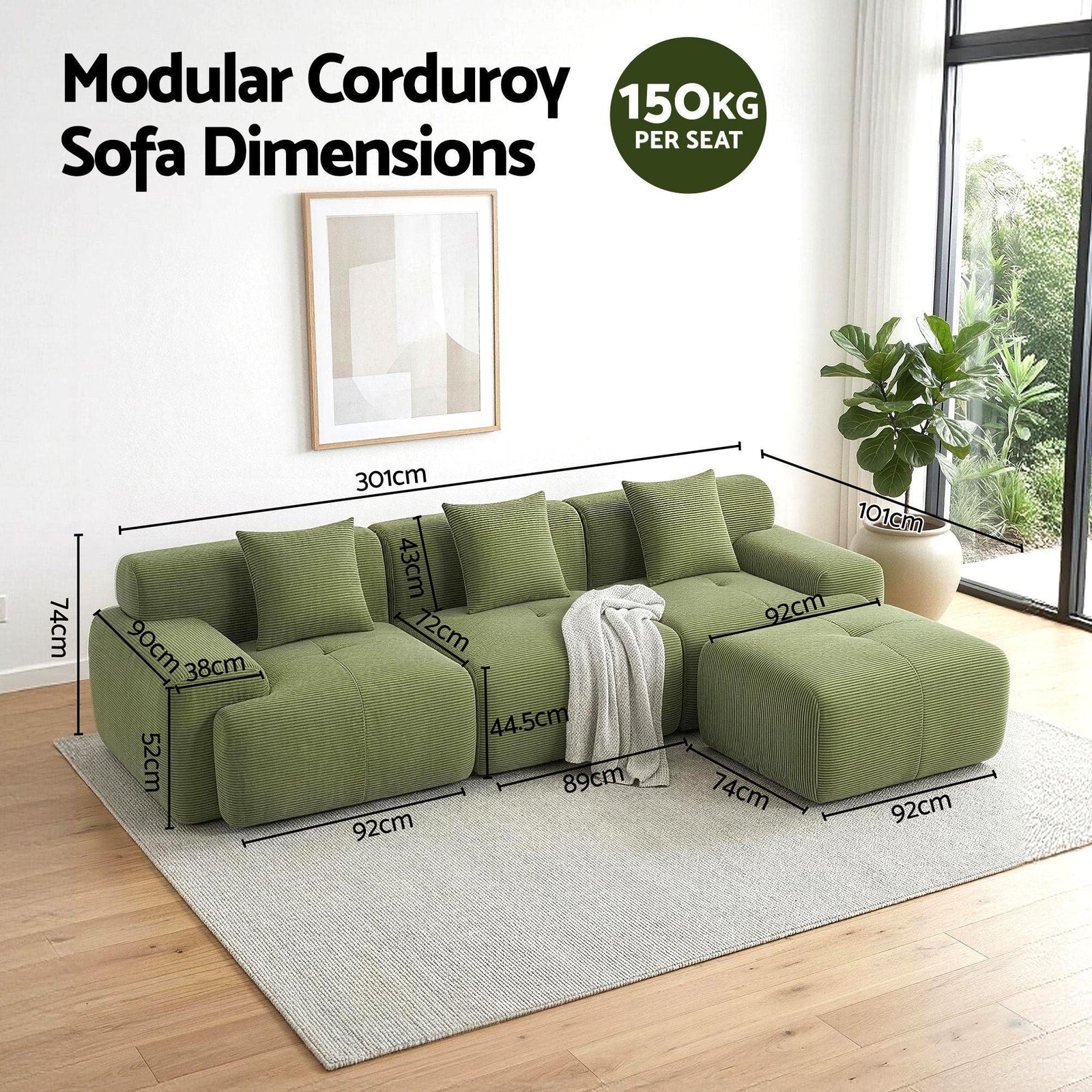 300cm Modular Sofa Bed Comfort L-Shaped Sectional Boneless Couch Green