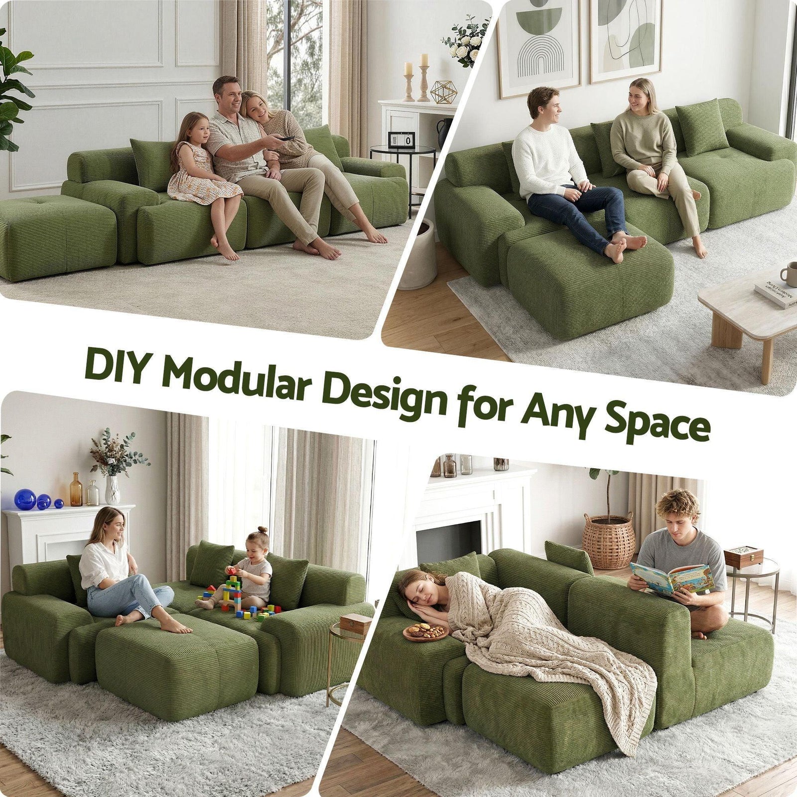 300cm Modular Sofa Bed Comfort L-Shaped Sectional Boneless Couch Green