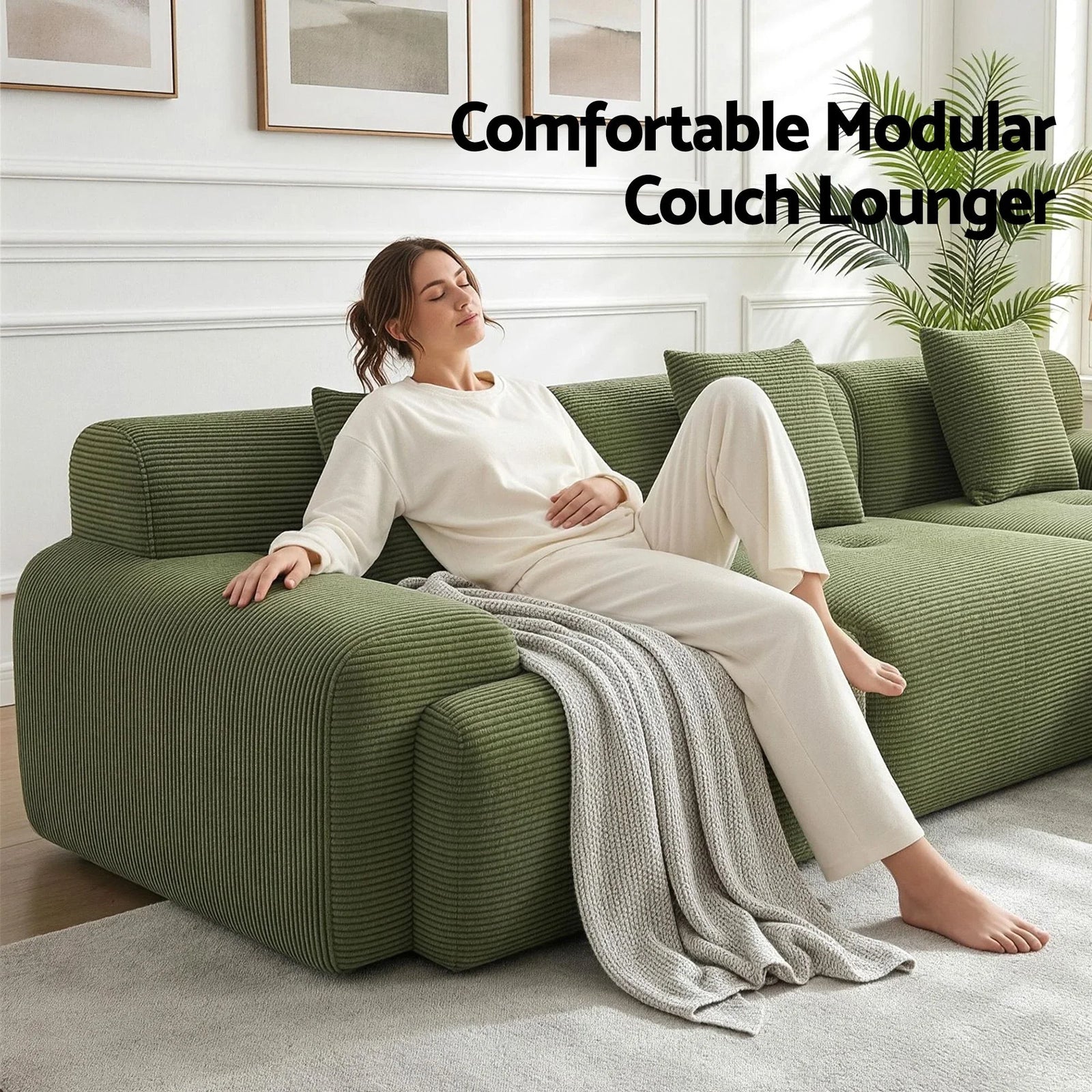 300cm Modular Sofa Bed Comfort L-Shaped Sectional Boneless Couch Green