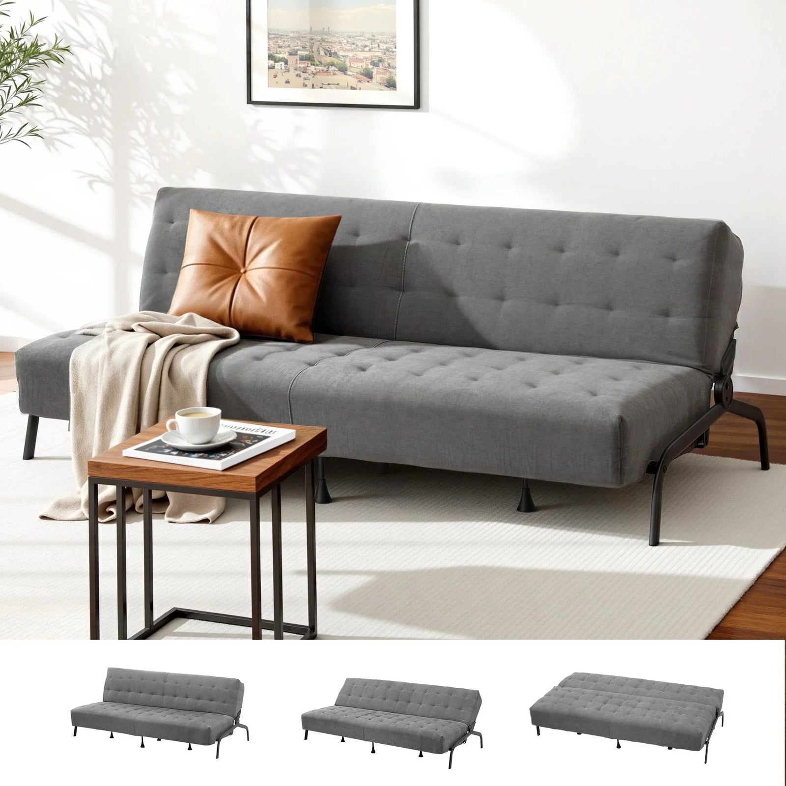 3‑Seater Sofa Bed with Innerspring Core, Adjustable Positions & Metal Frame