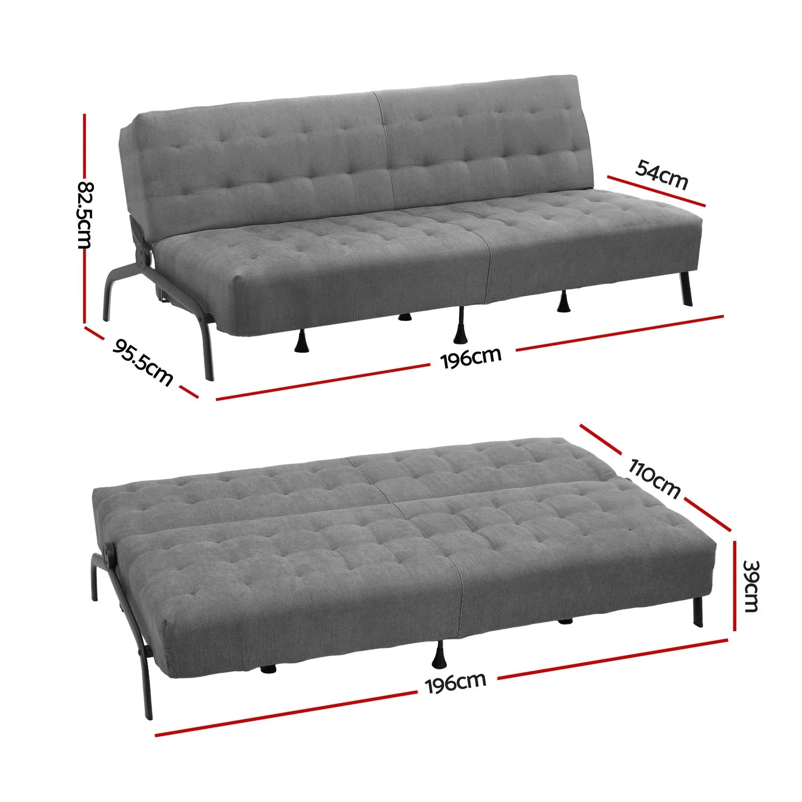 3‑Seater Sofa Bed with Innerspring Core, Adjustable Positions & Metal Frame