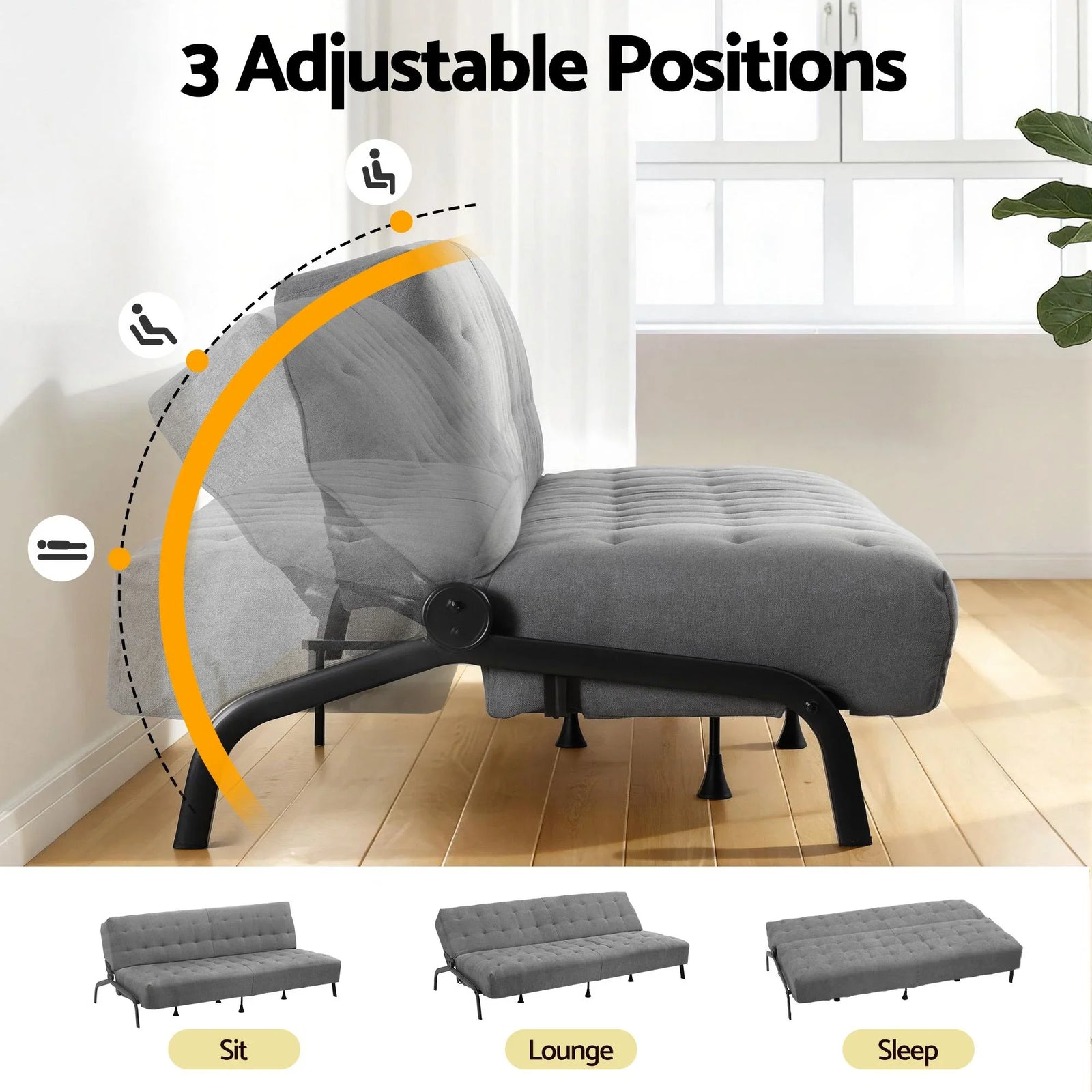 3‑Seater Sofa Bed with Innerspring Core, Adjustable Positions & Metal Frame