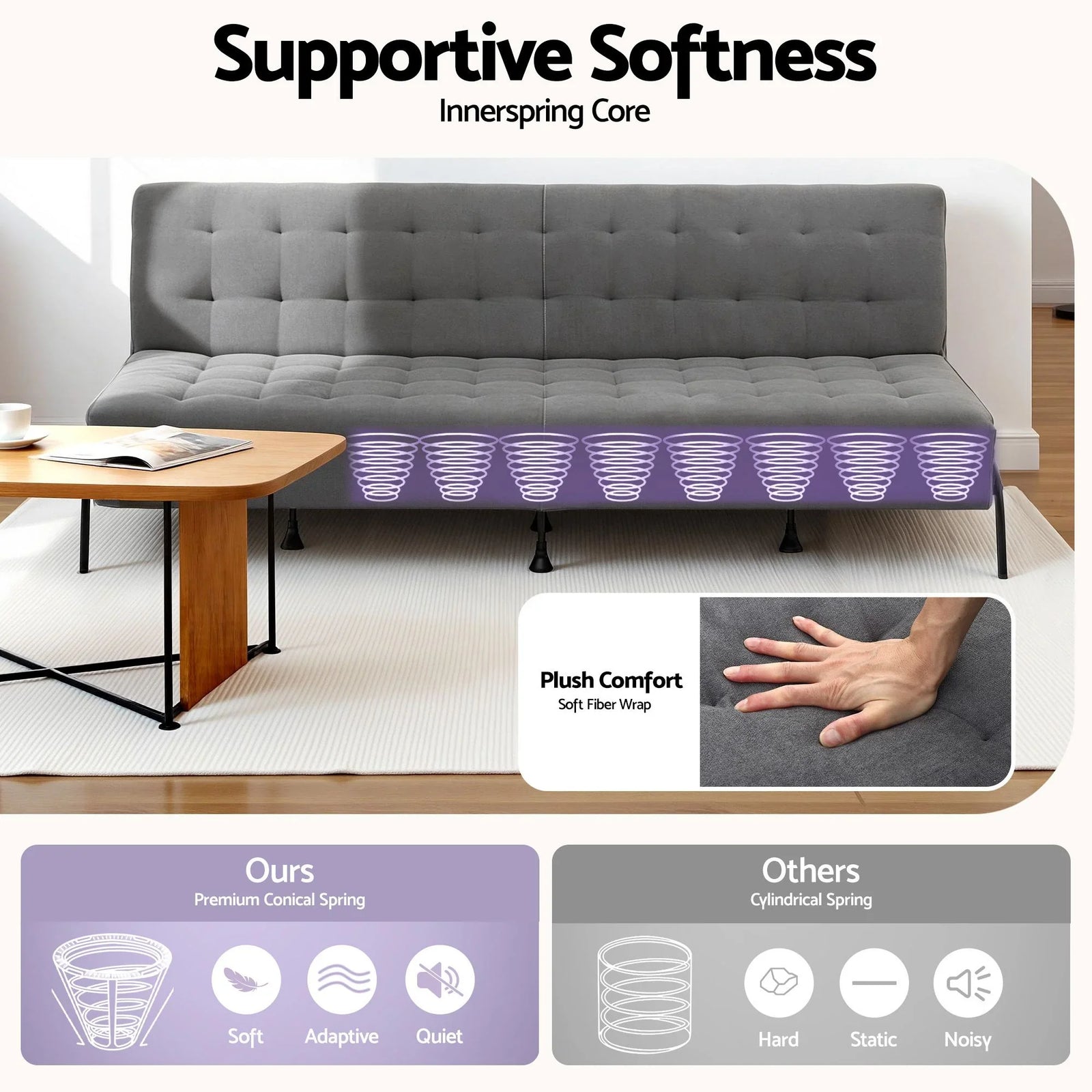 3‑Seater Sofa Bed with Innerspring Core, Adjustable Positions & Metal Frame