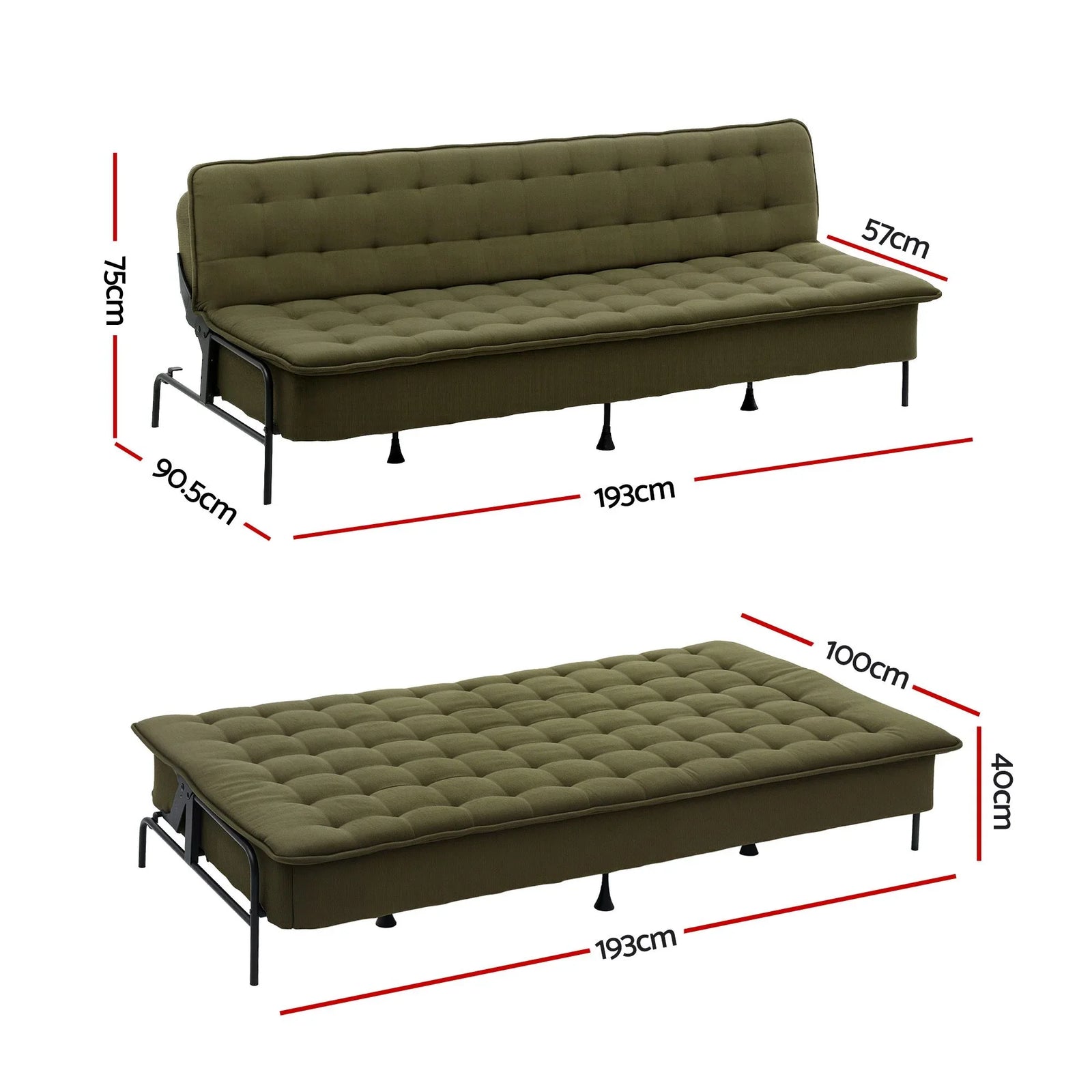 3‑Seater Sofa Bed with Innerspring Core, Adjustable Positions & Metal Frame