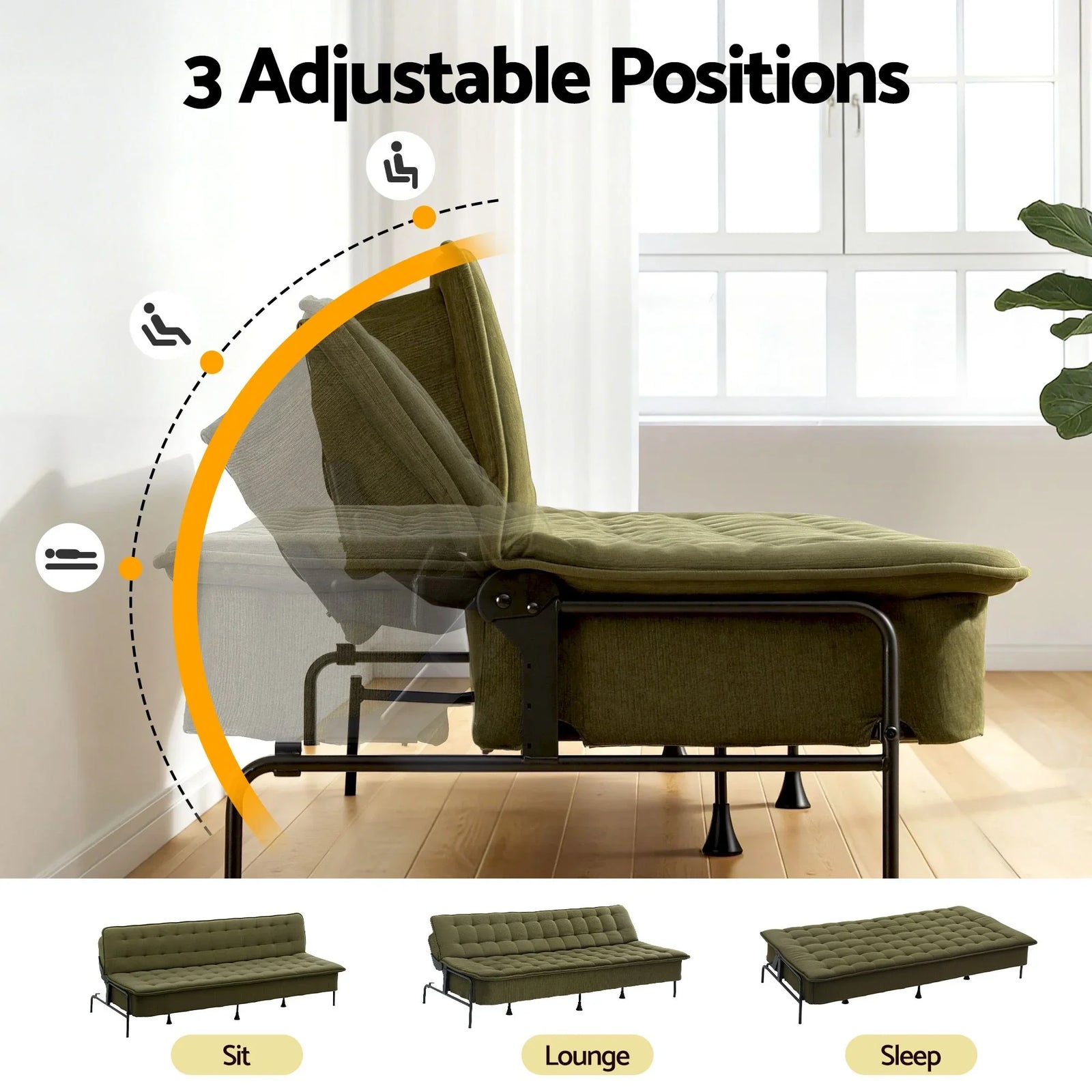 3‑Seater Sofa Bed with Innerspring Core, Adjustable Positions & Metal Frame