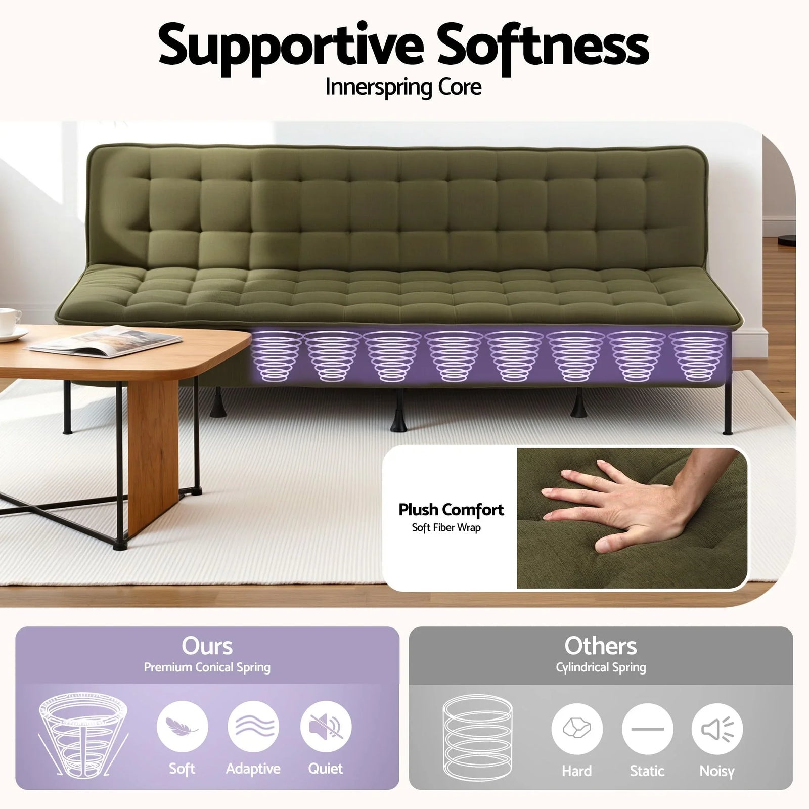 3‑Seater Sofa Bed with Innerspring Core, Adjustable Positions & Metal Frame