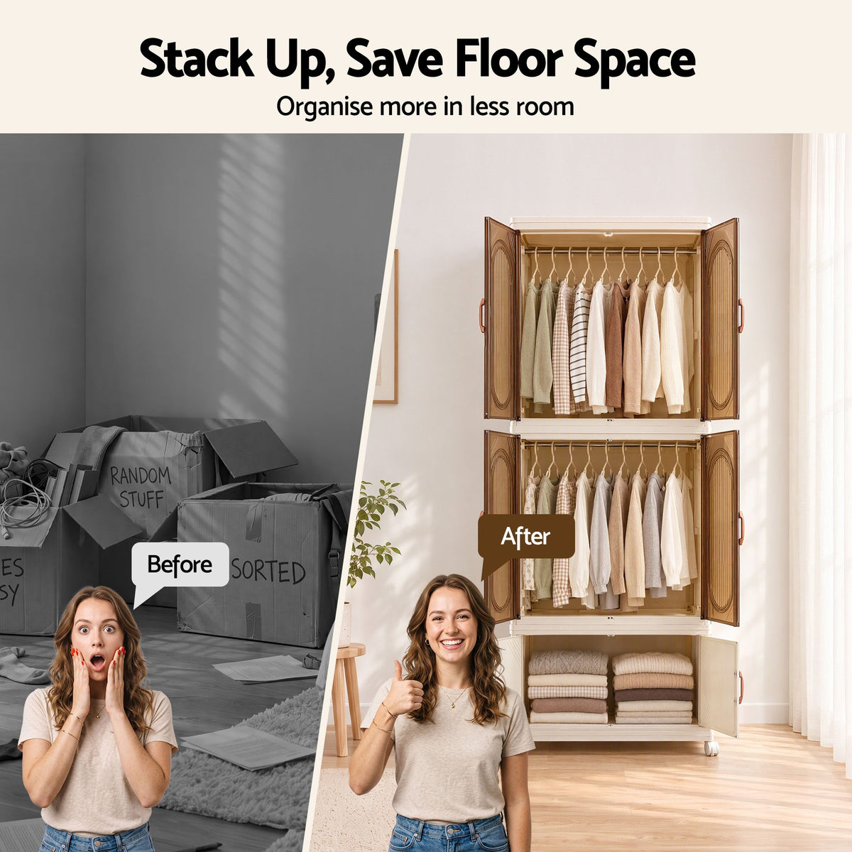 Artiss Foldable Storage Cabinet Stackable Wardrobe Box Clear Magnetic Door White